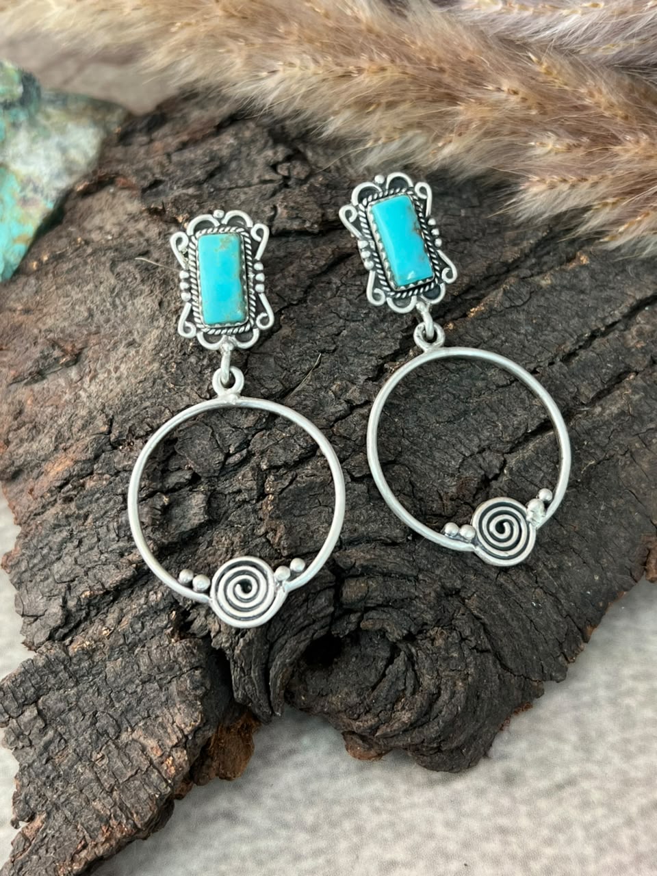 Handmade Sterling Silver Kingman Turquoise Post Dangle Earrings Signed Nizhoni