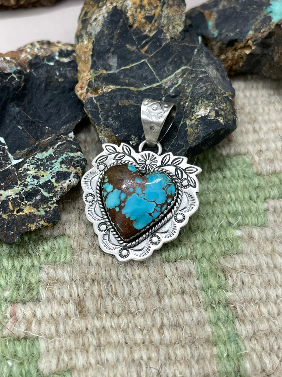 Handmade Sterling Silver Number 8 Turquoise Heart Pendant "Signed Nizhoni"
