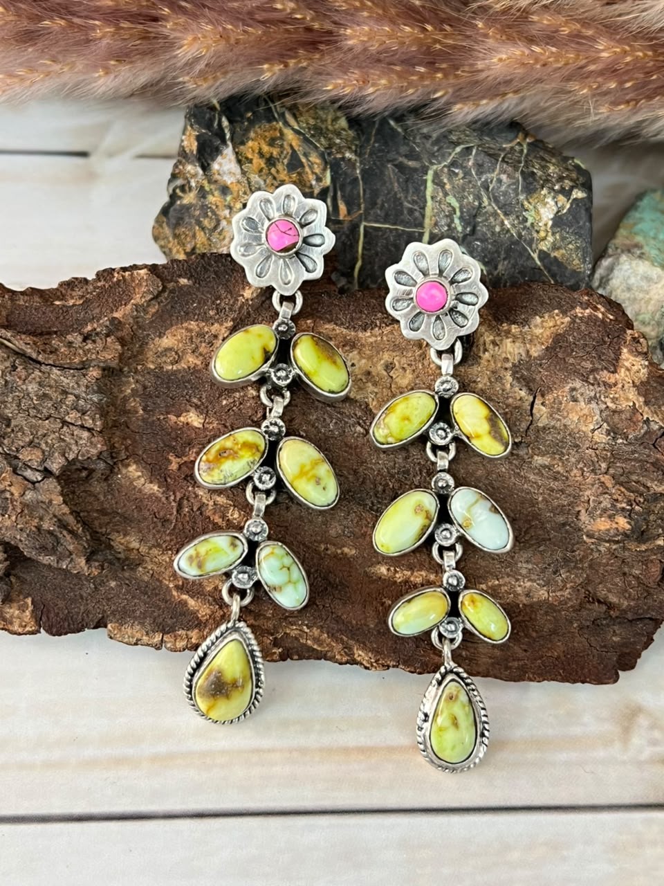 Handmade Sterling Silver Palomino Turquoise with Cotton Candy Post Dangle Earrings Signed Nizhoni