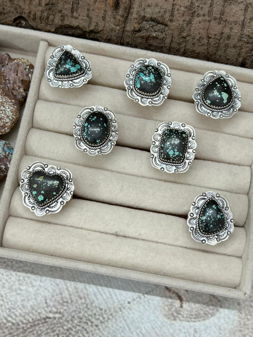 Handmade Sterling Silver Lander Turquoise Adjustable Ring With Signed Nizhoni