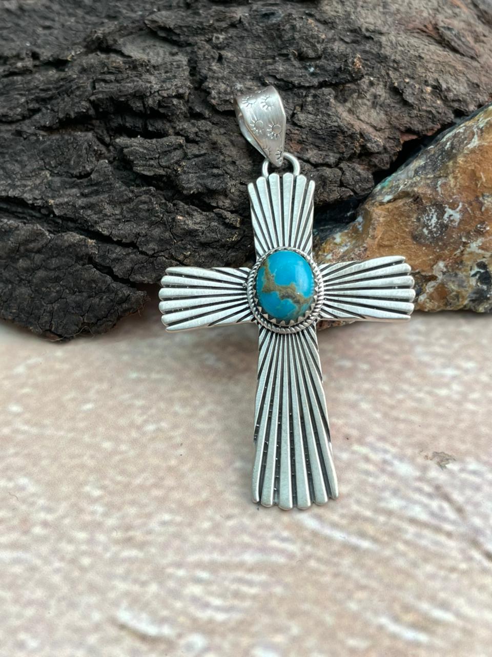 Handmade Sterling Silver Kingman Turquoise Cross Shape Pendant "Signed Nizhoni" (2)