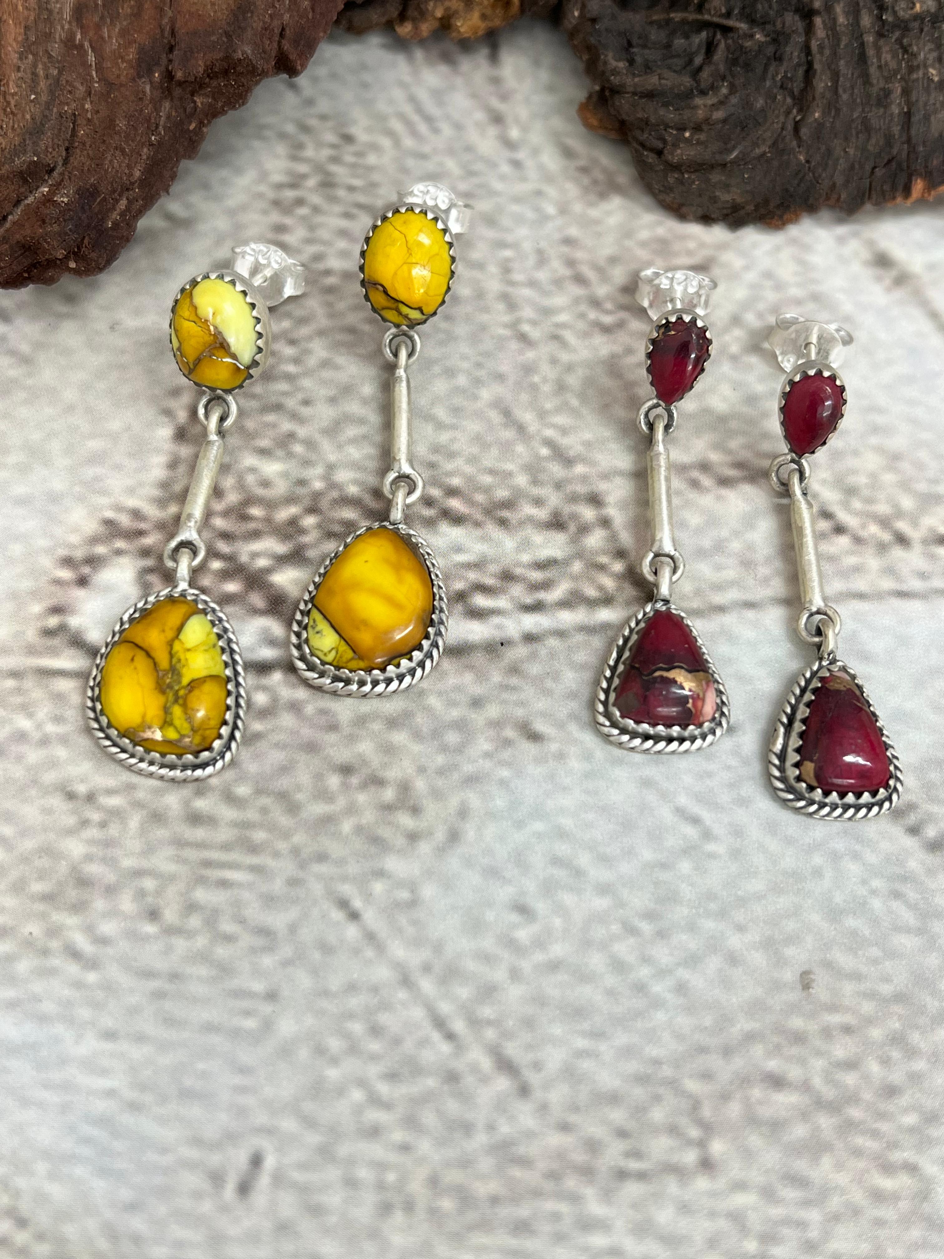 Handmade Sterling Silver Honey Dahlia, Red Rose Dangle Earrings with Signed Nizhoni