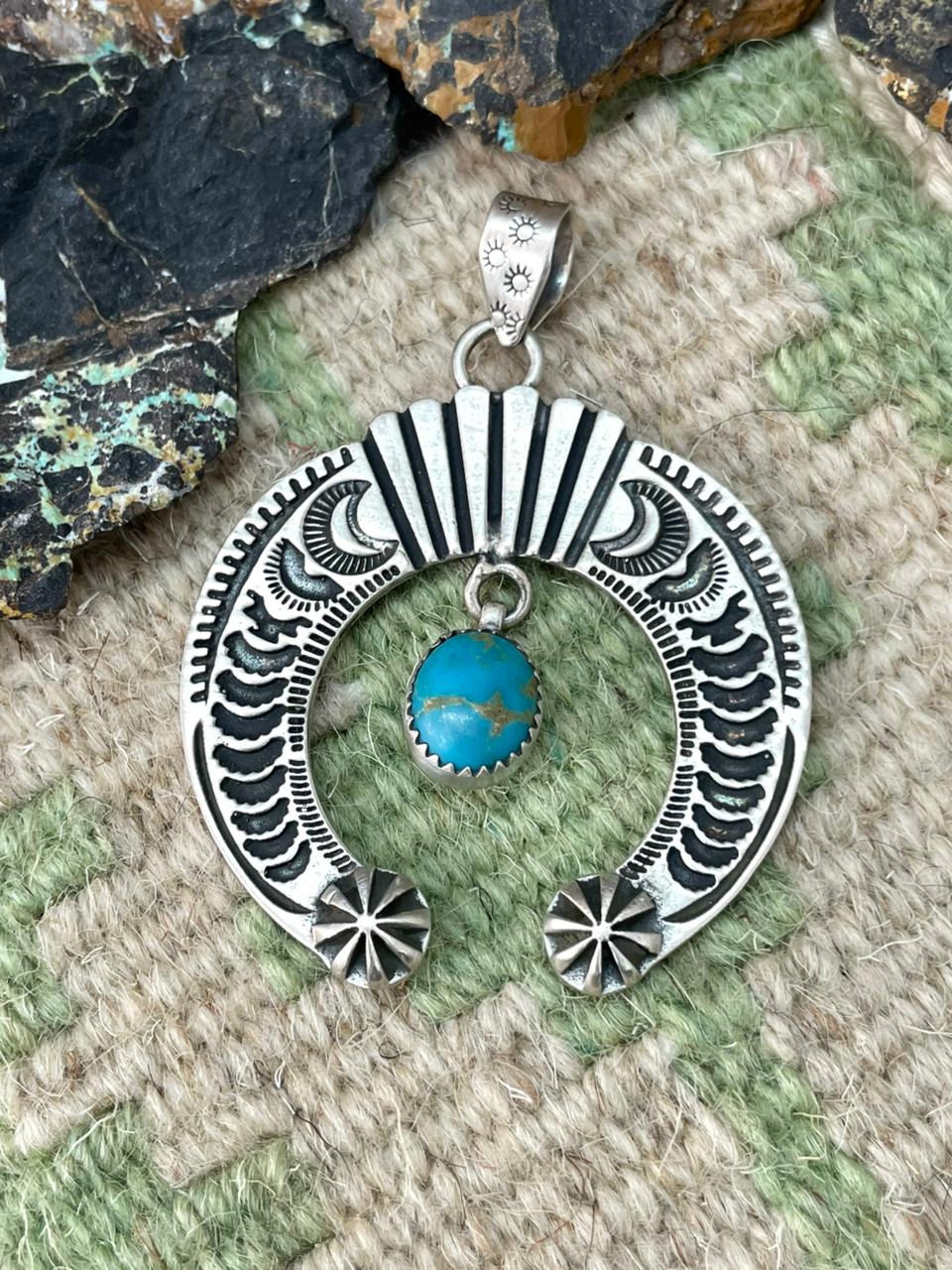 Handmade Sterling Silver Kingman Turquoise Naja Pendant "Signed Nizhoni"