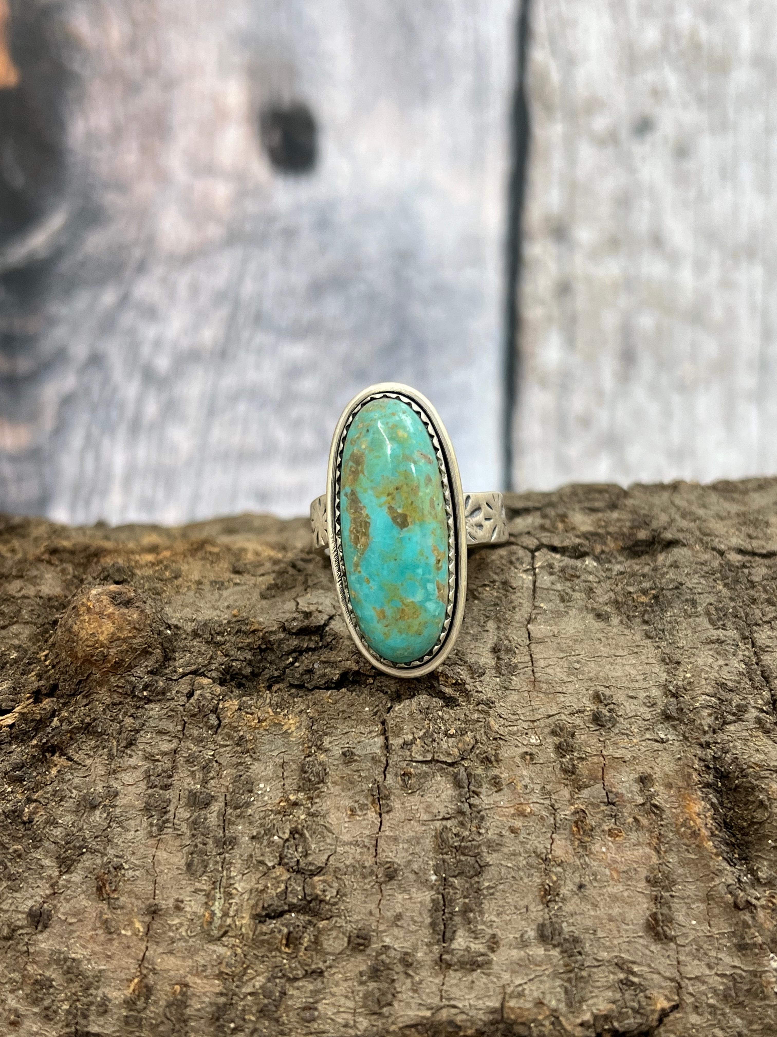Handmade Sterling Silver Royston Turquoise Adjustable Ring with Signed Nizhoni