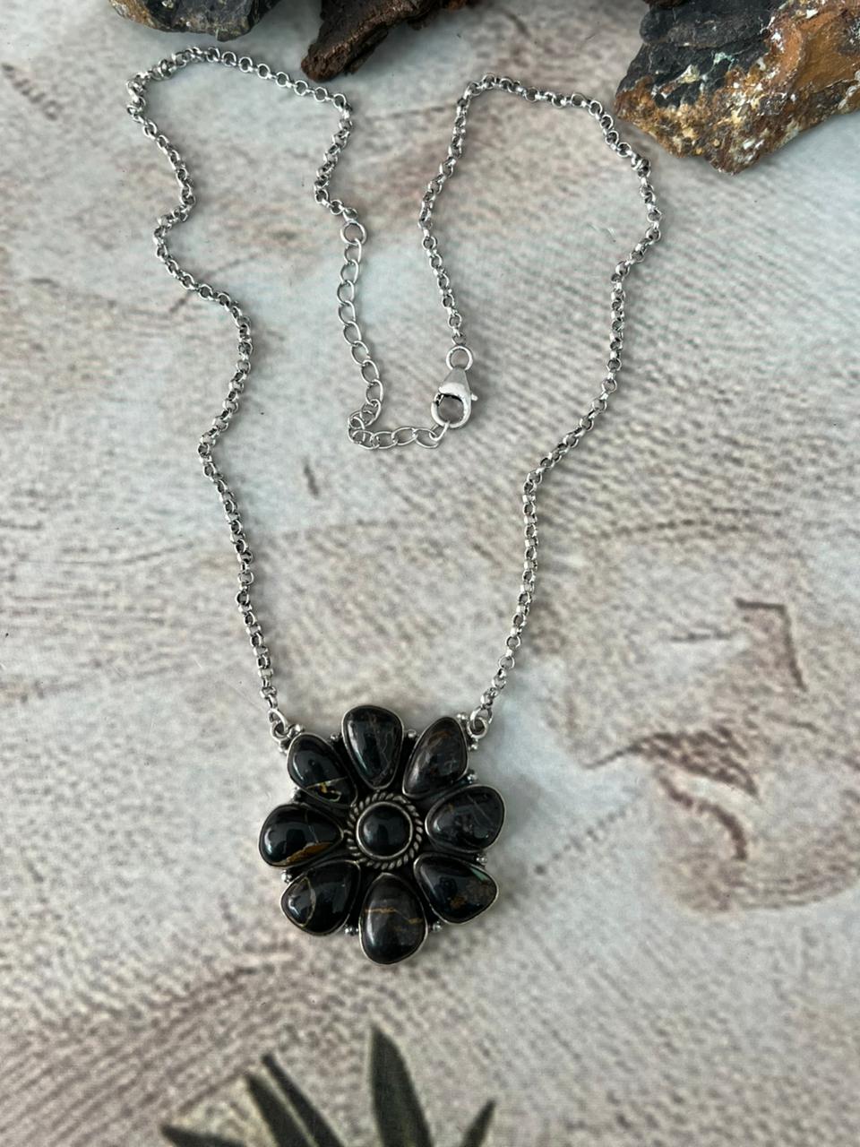 Handmade Sterling Silver Blackjack Turquoise Necklace "Signed Nizhoni"