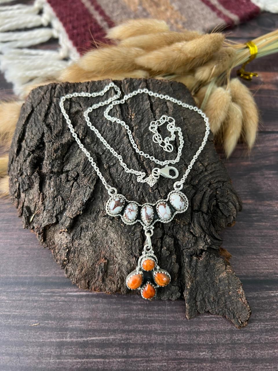 Handmade Sterling Silver Orange Mojave with Wildhorse Magnesite Necklace "Signed Nizhoni"