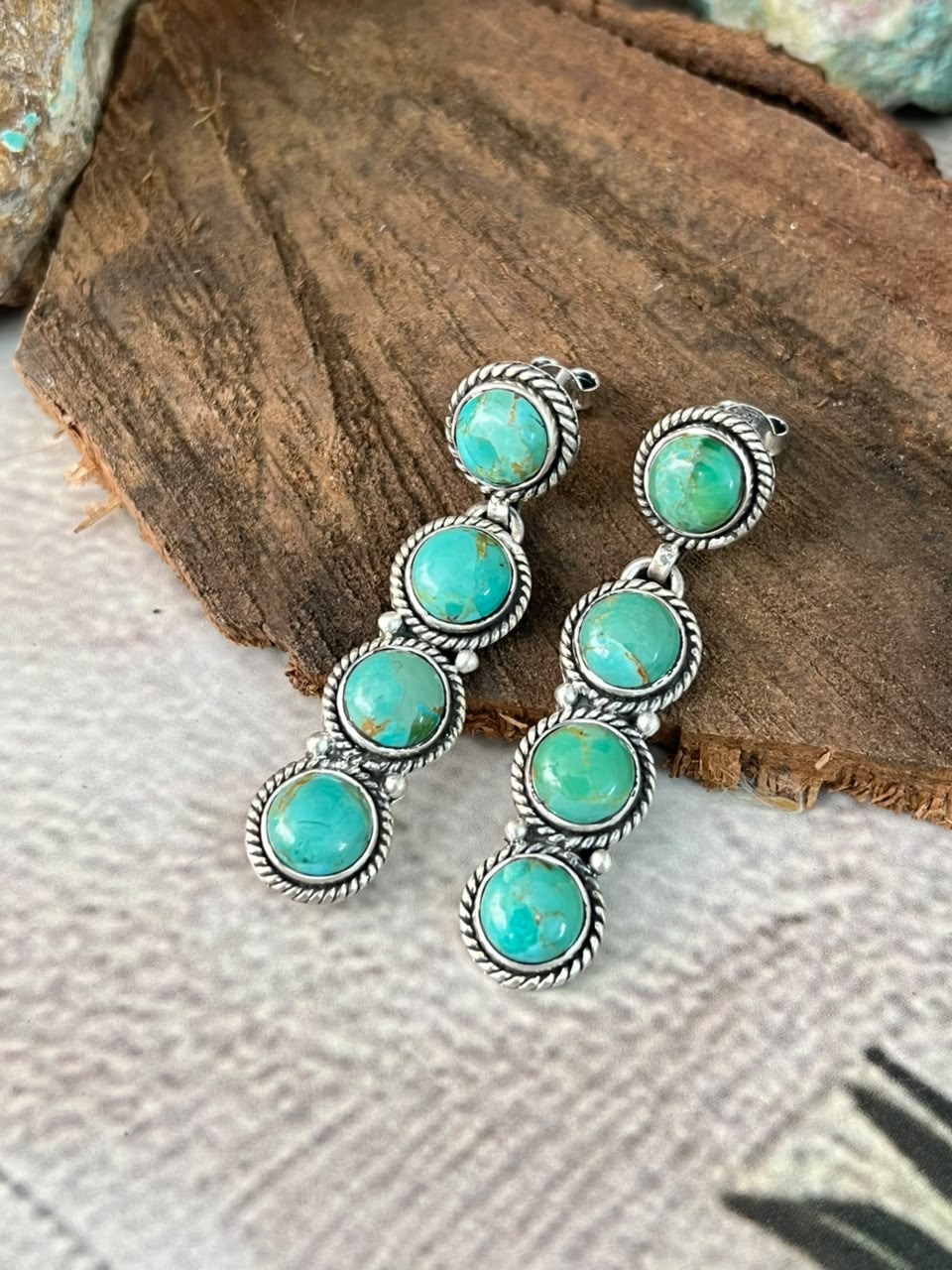 Handmade Sterling Silver Kingman Turquoise Post Dangle Earrings Signed Nizhoni