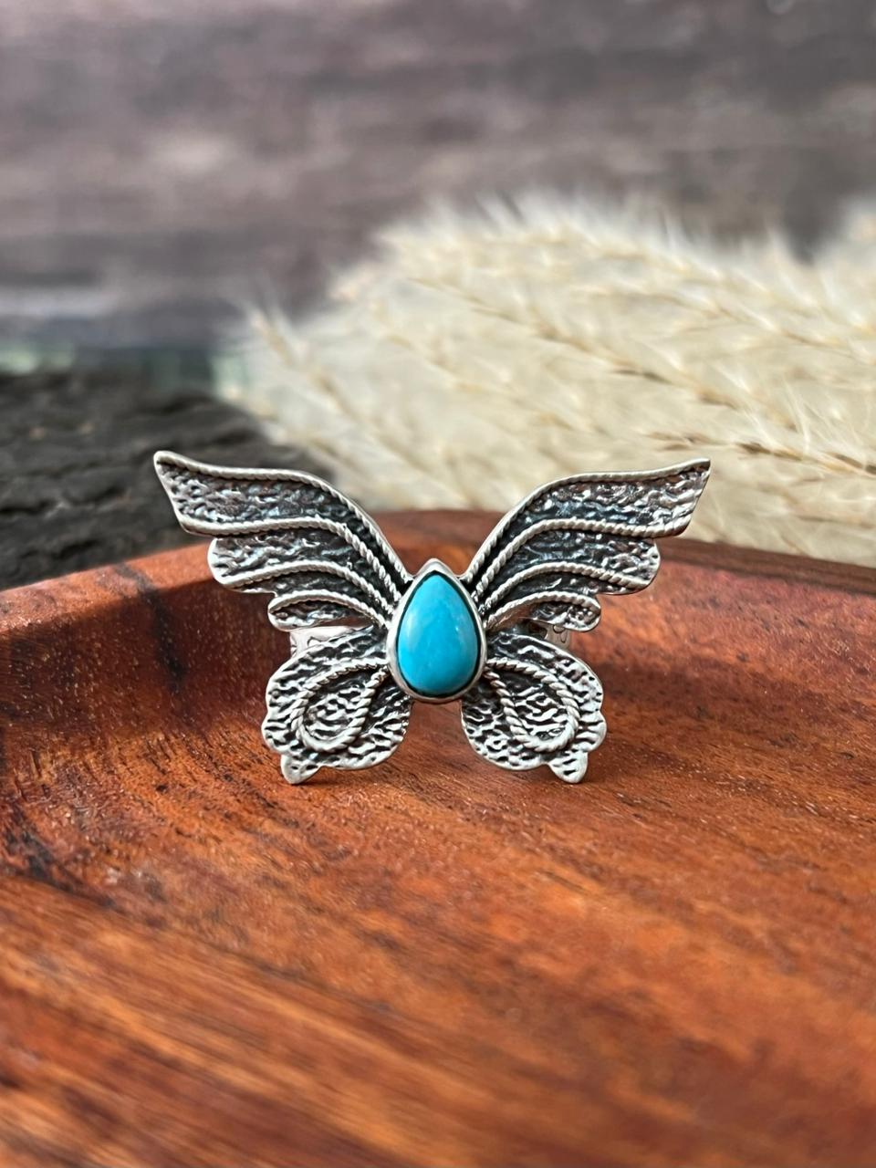Handmade Sterling Silver Kingman Turquoise Adjustable Butterfly Ring "Signed Nizhoni"
