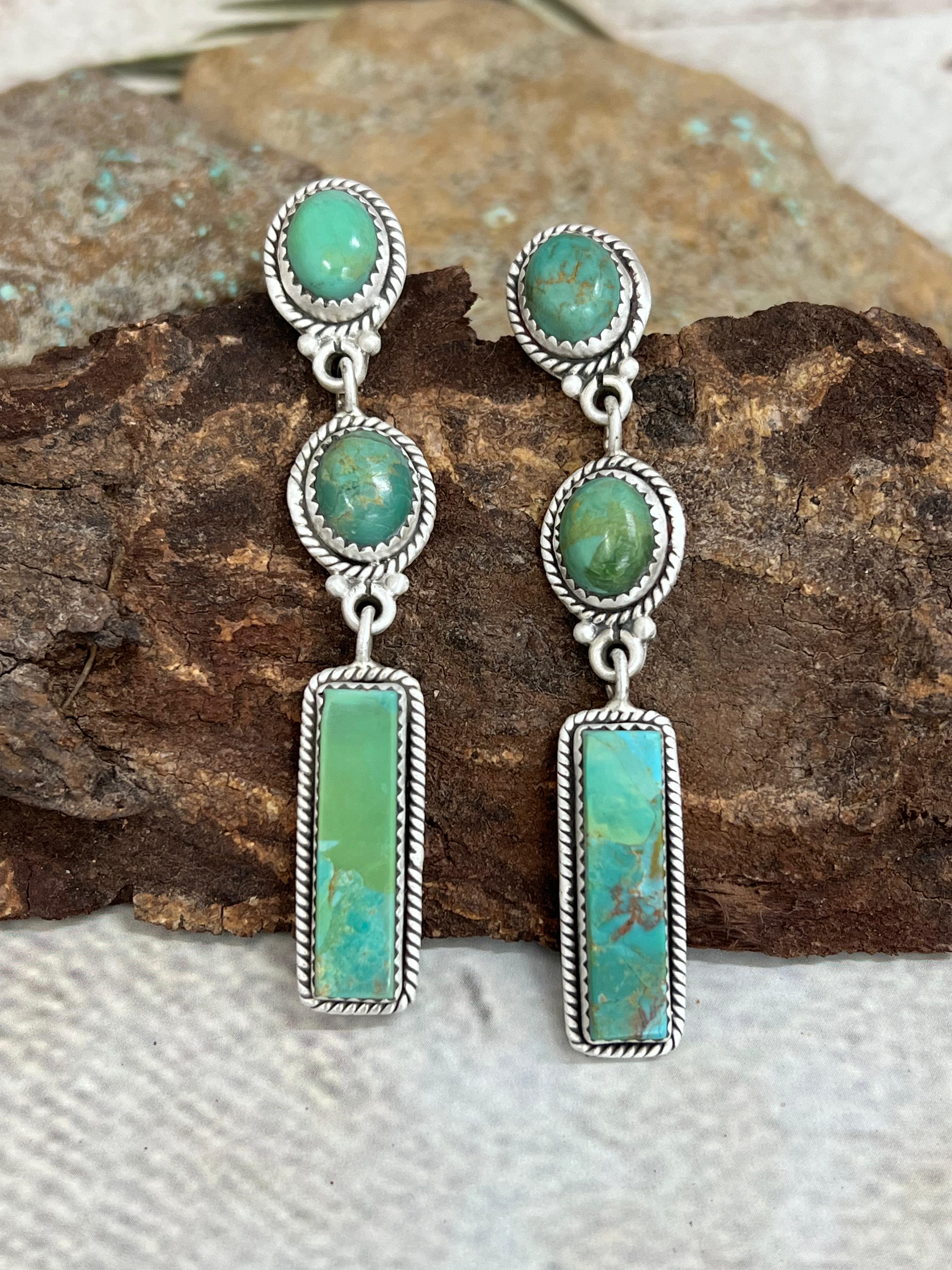 Handmade Sterling Silver Kingman Turquoise Post Dangle Earrings with Signed Nizhoni