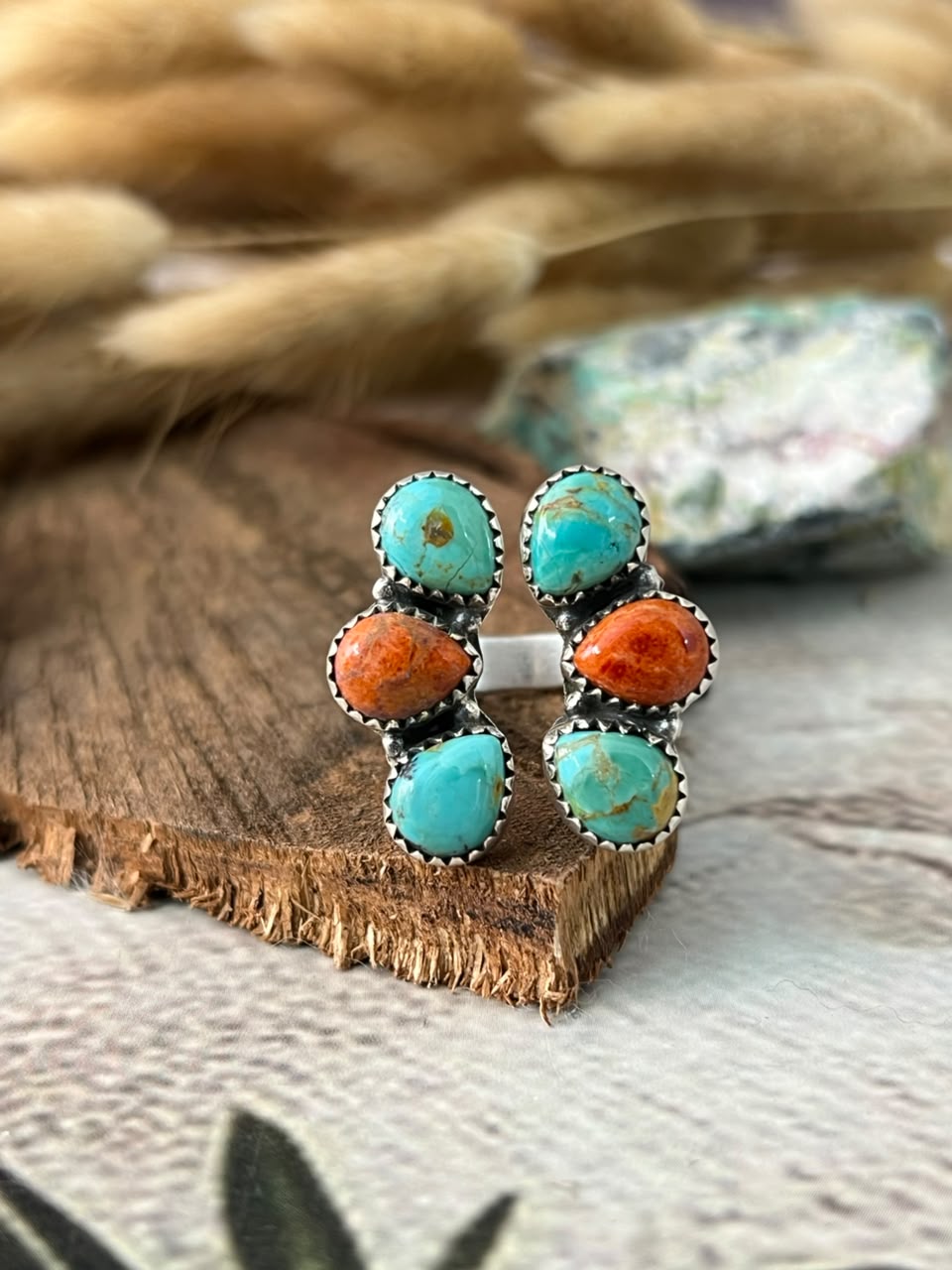 Handmade Sterling Silver Orange Mojave with Kingman Turquoise Adjustable Ring Signed Nizhoni