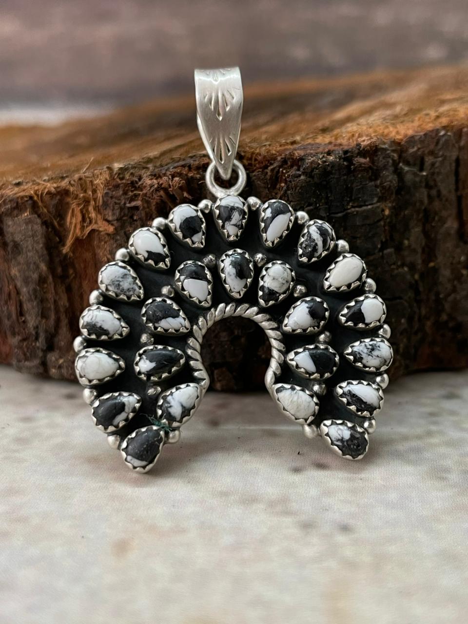 Handmade Sterling Silver White Buffalo Naja Pendant "Signed Nizhoni" (10)