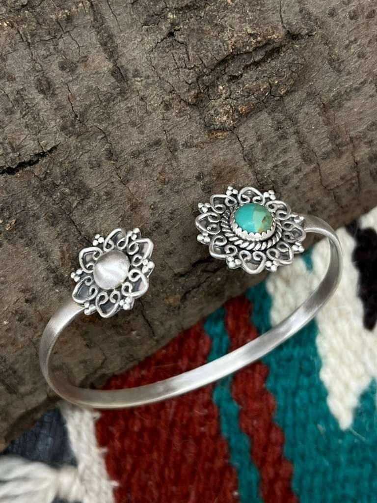 Handmade Sterling Silver Kingman Turquoise Bracelet with Signed Nizhoni