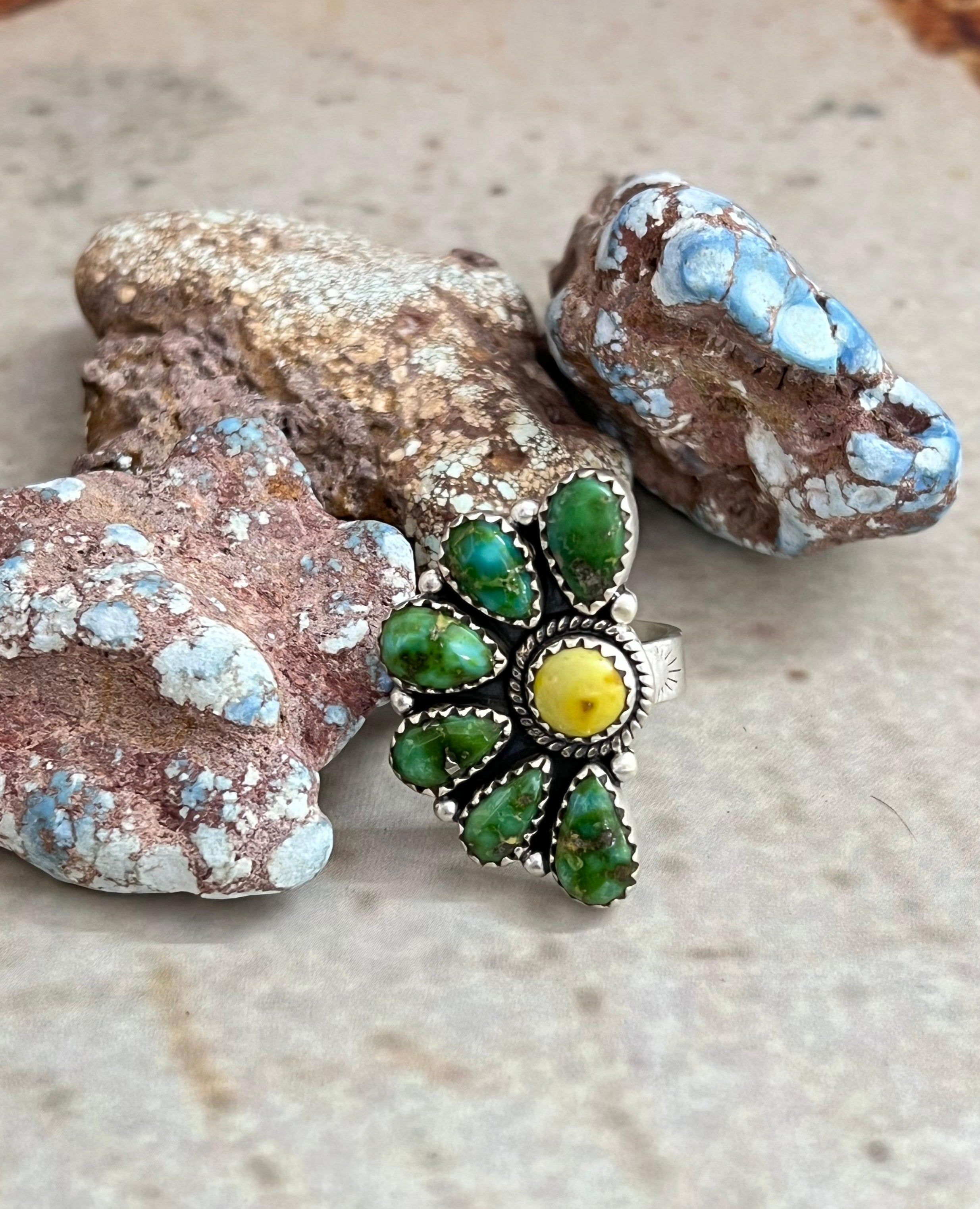 Handmade Sterling Silver Sonoran Mountain Turquoise with Palomino Turquoise Adjustable Ring, Signed Nizhoni (5)