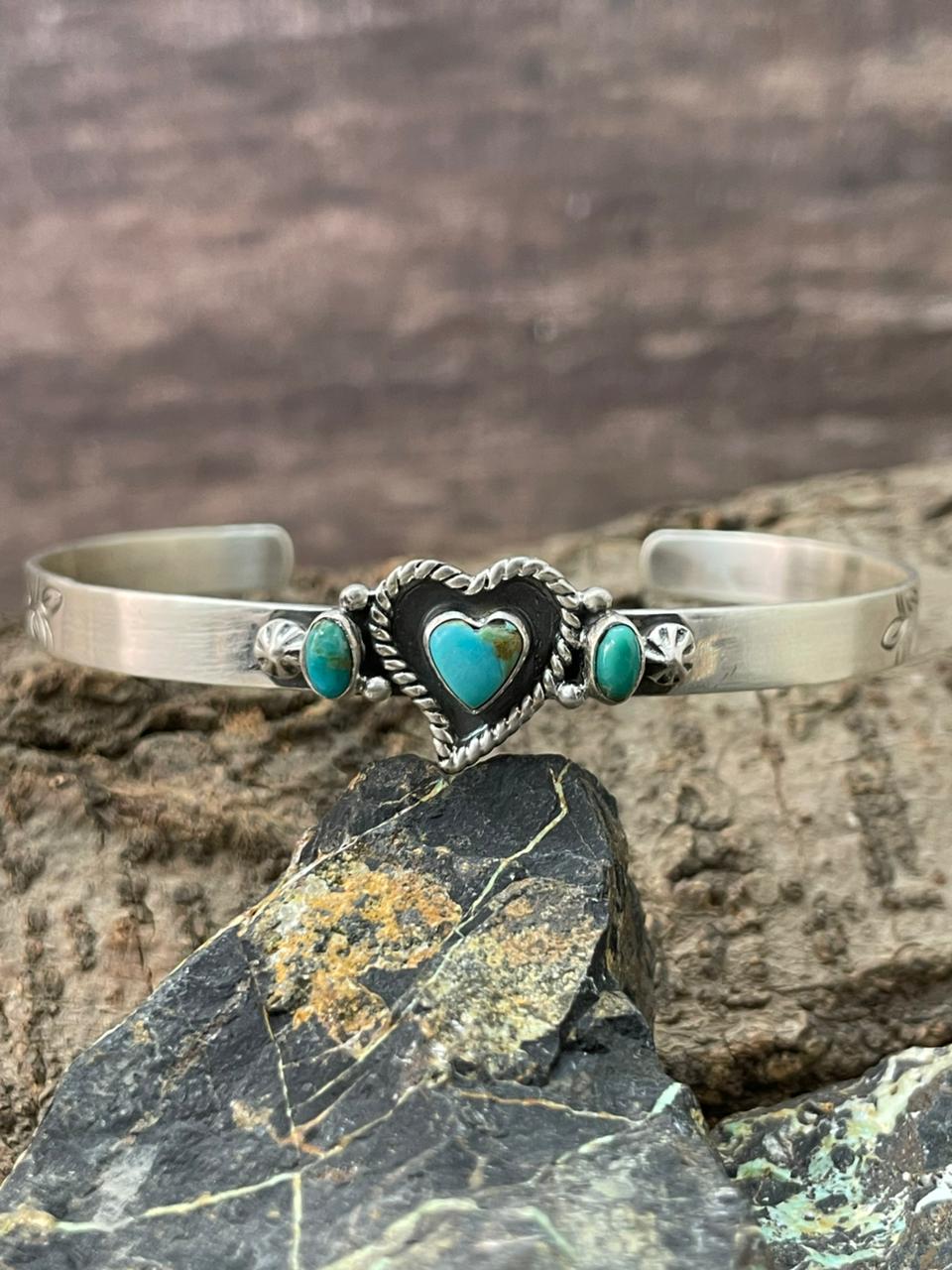 "Heart Collection" Handmade Sterling Silver Kingman Turquoise Bracelet "Signed Nizhoni"