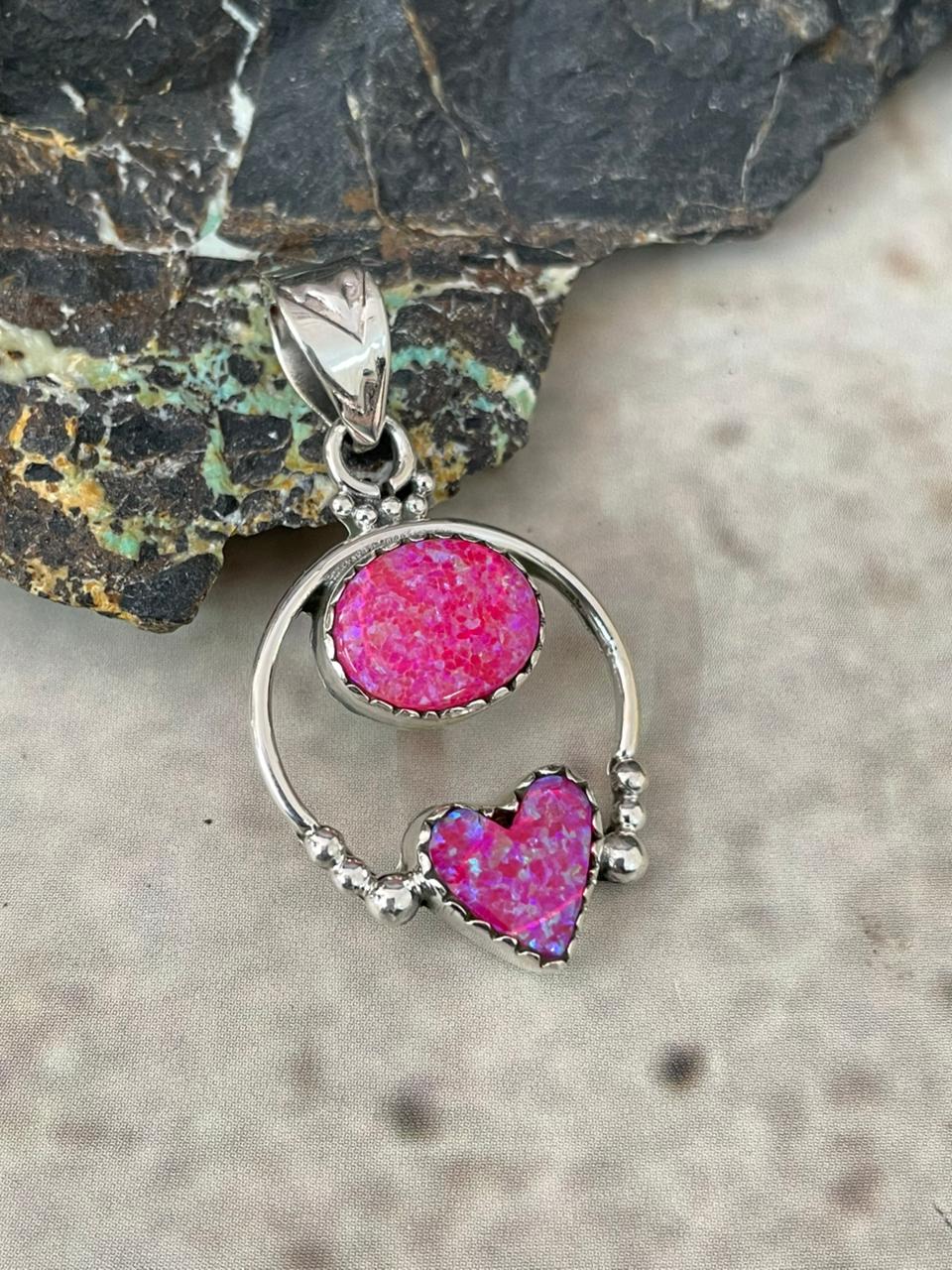 "Heart Collection" Handmade Sterling Silver Hot Pink Pendant "Signed Nizhoni"