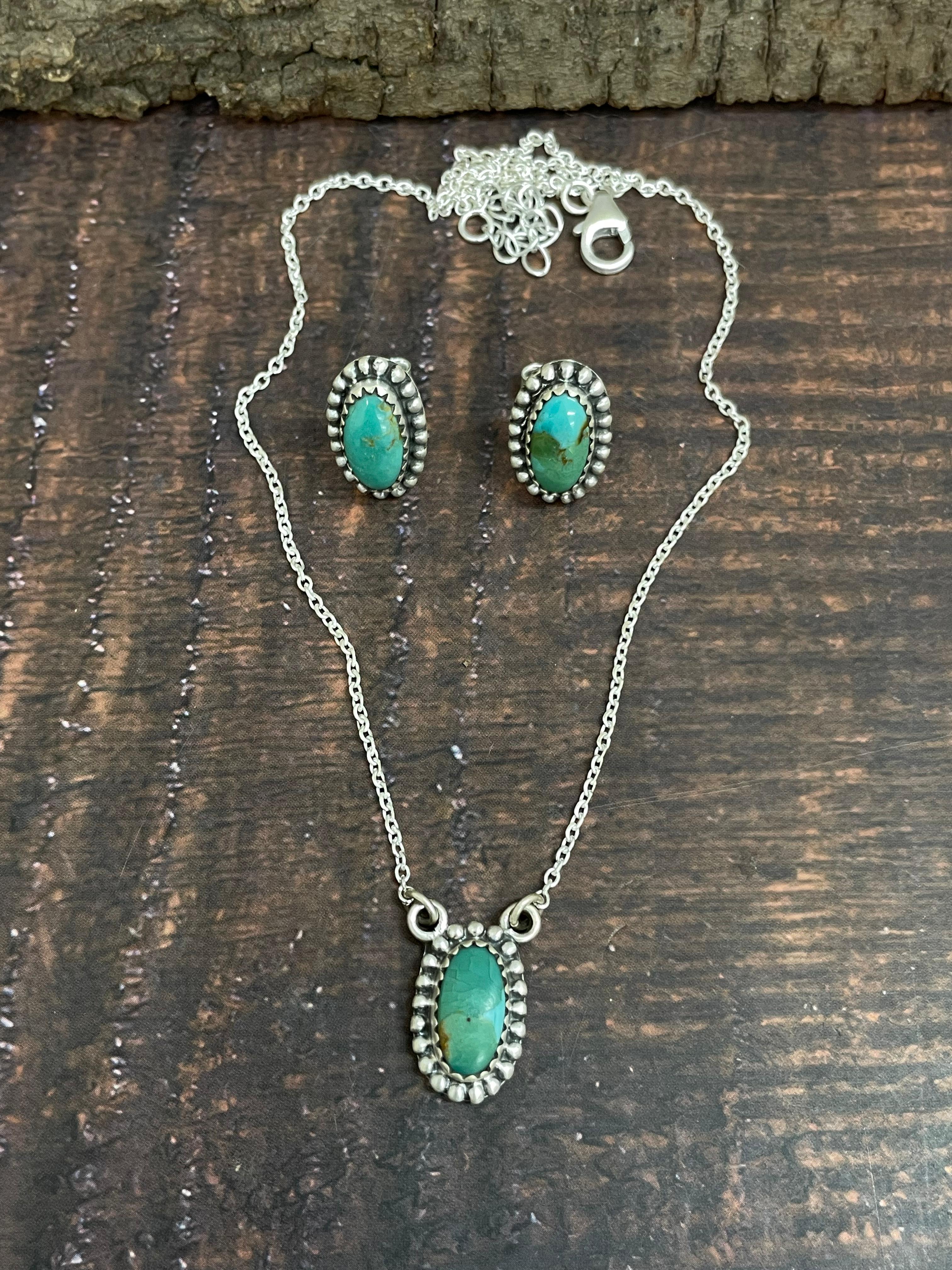 Handmade Sterling Silver Kingman Turquoise Necklace Earrings Set with Signed Nizhoni