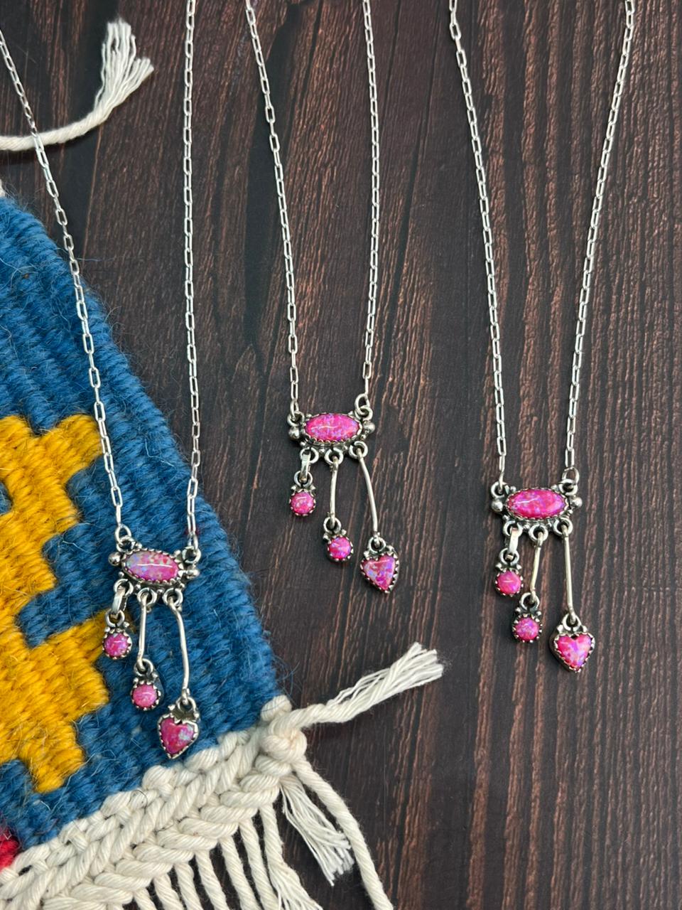 "Heart Collection" Handmade Sterling Silver Hot Pink Necklace "Signed Nizhoni"