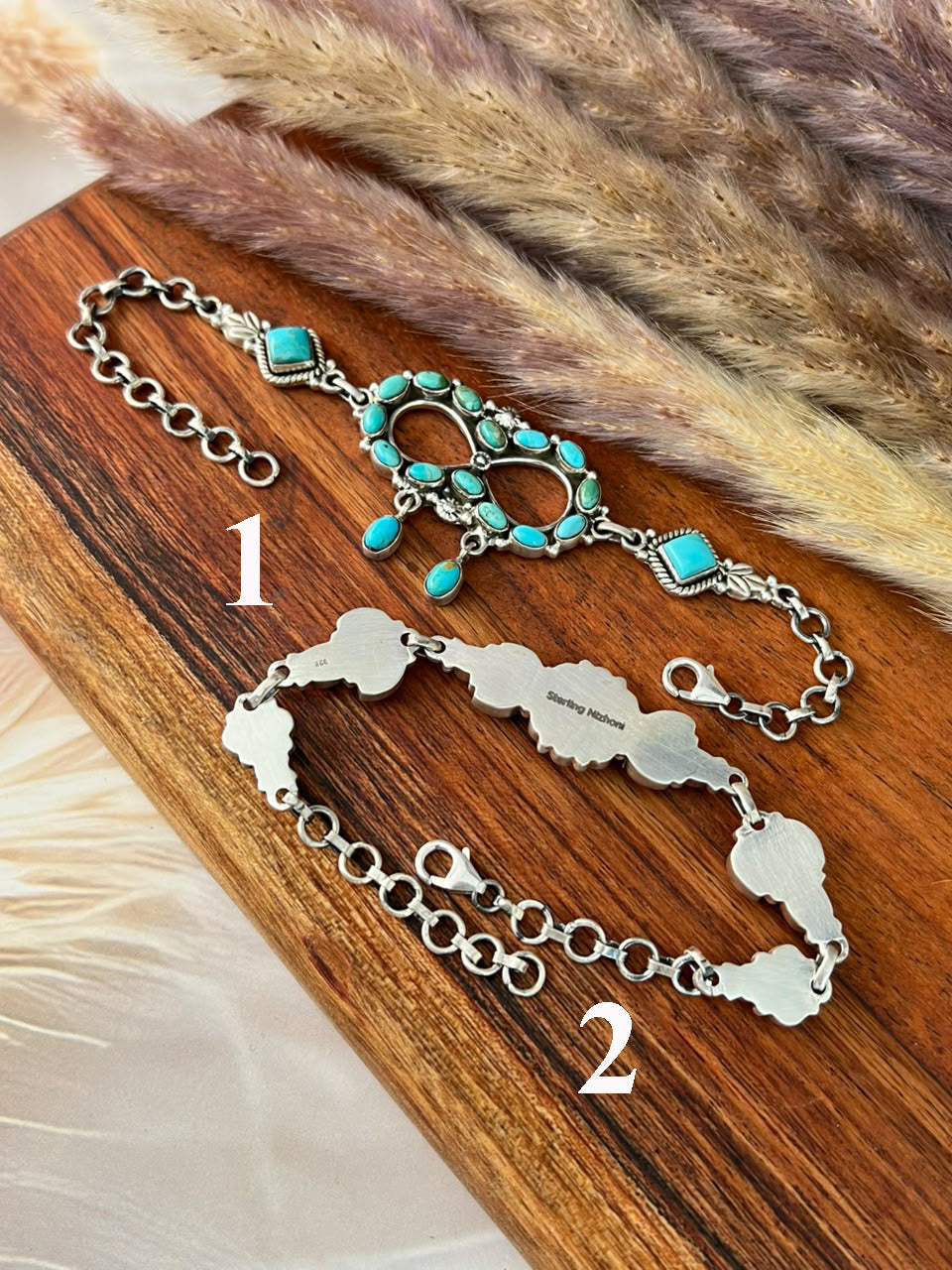 Handmade Sterling Silver White Buffalo with Lapis and Kingman Turquoise Chain Bracelet Signed Nizhoni