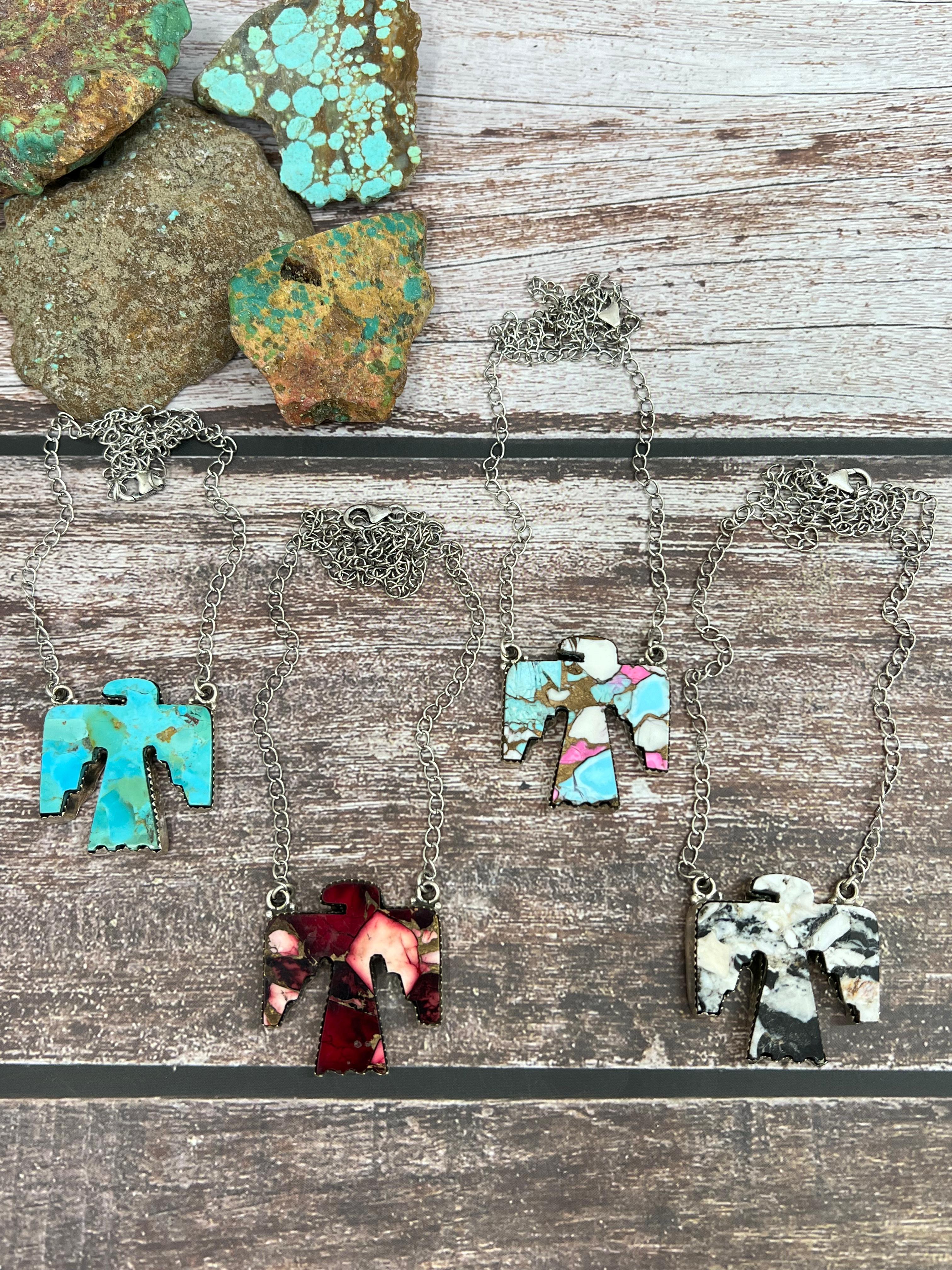 Handmade Sterling Silver Multi Stones Thunderbird Necklace with Signed Nizhoni