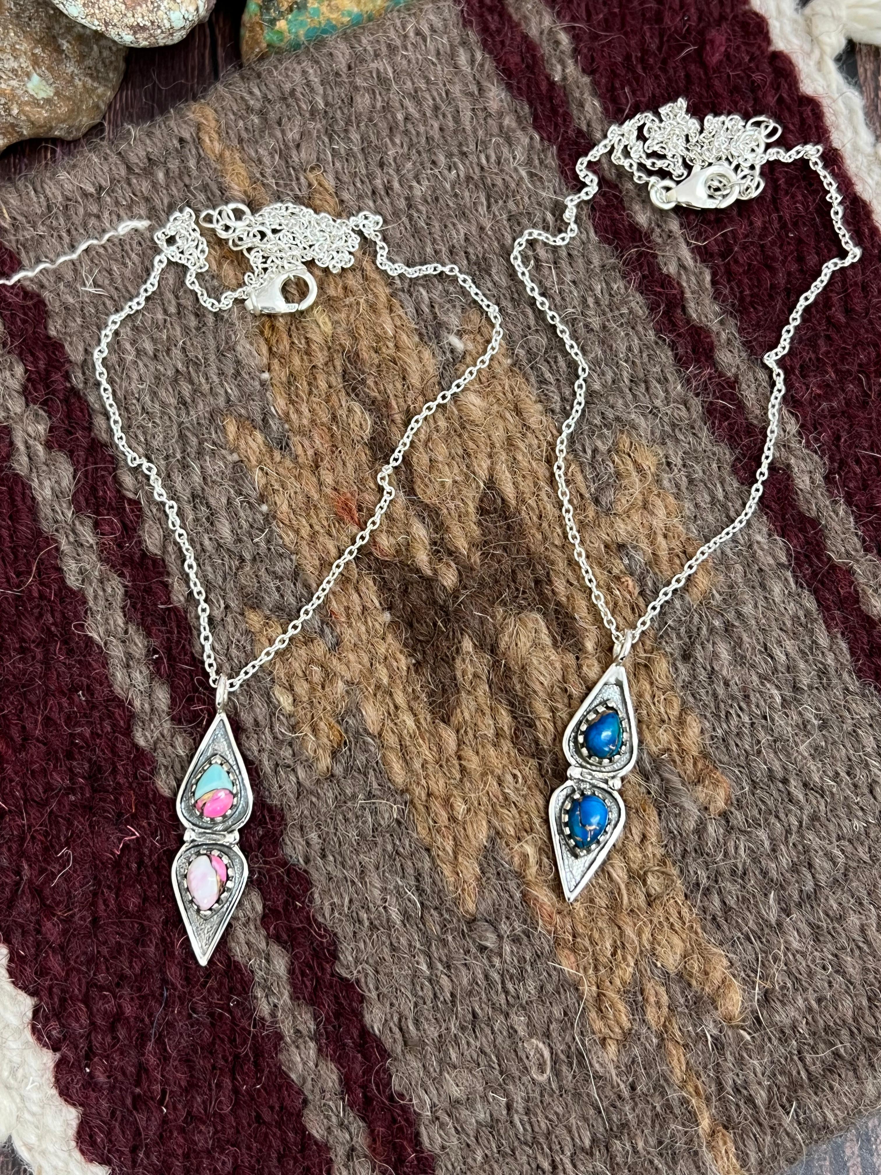 Handmade Sterling Silver Cotton Candy Peacock Dahlia Necklace, Signed Nizhoni