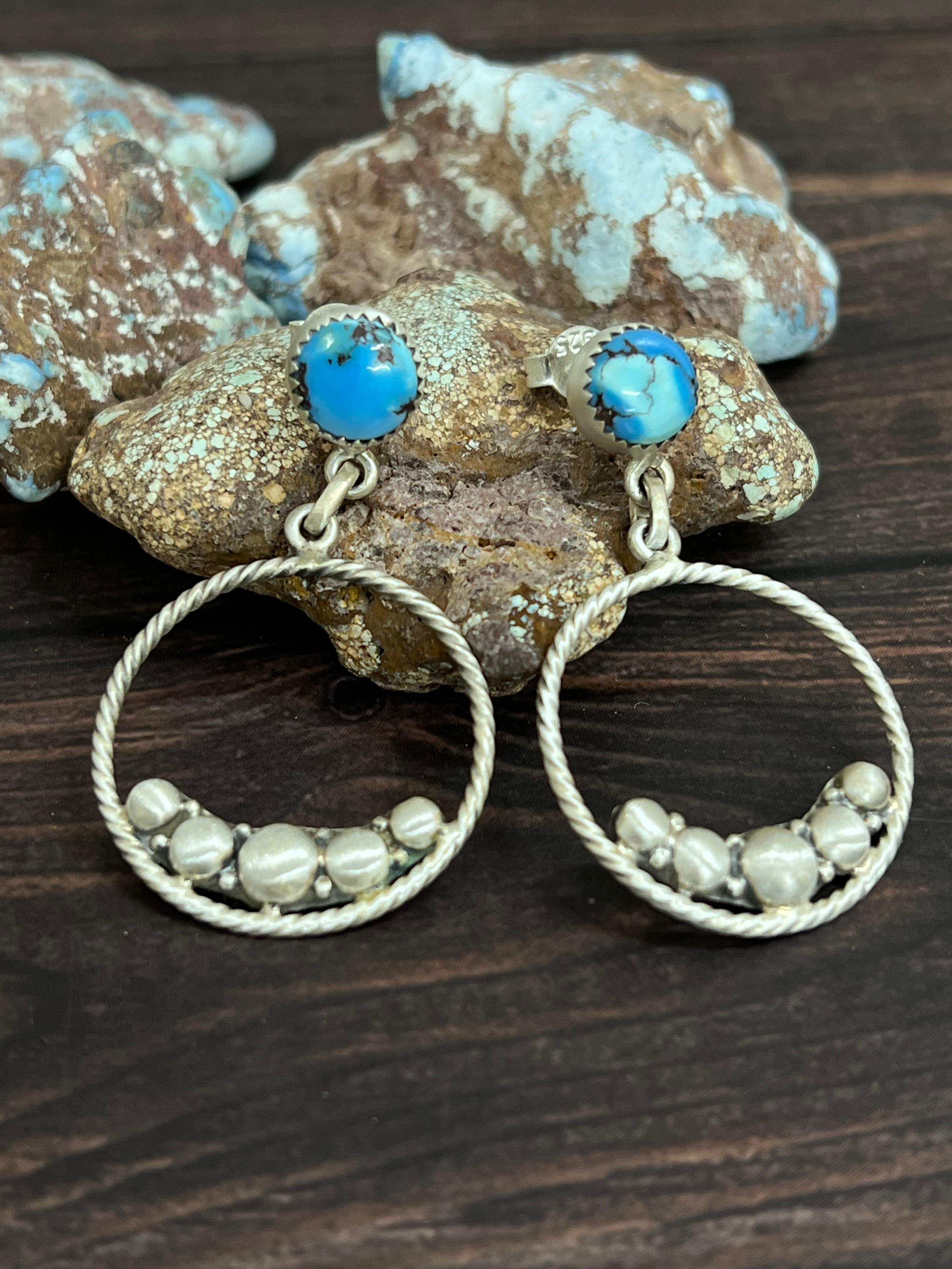 Handmade Sterling Silver Golden Hills Turquoise Post Hoop Earrings with Signed Nizhoni