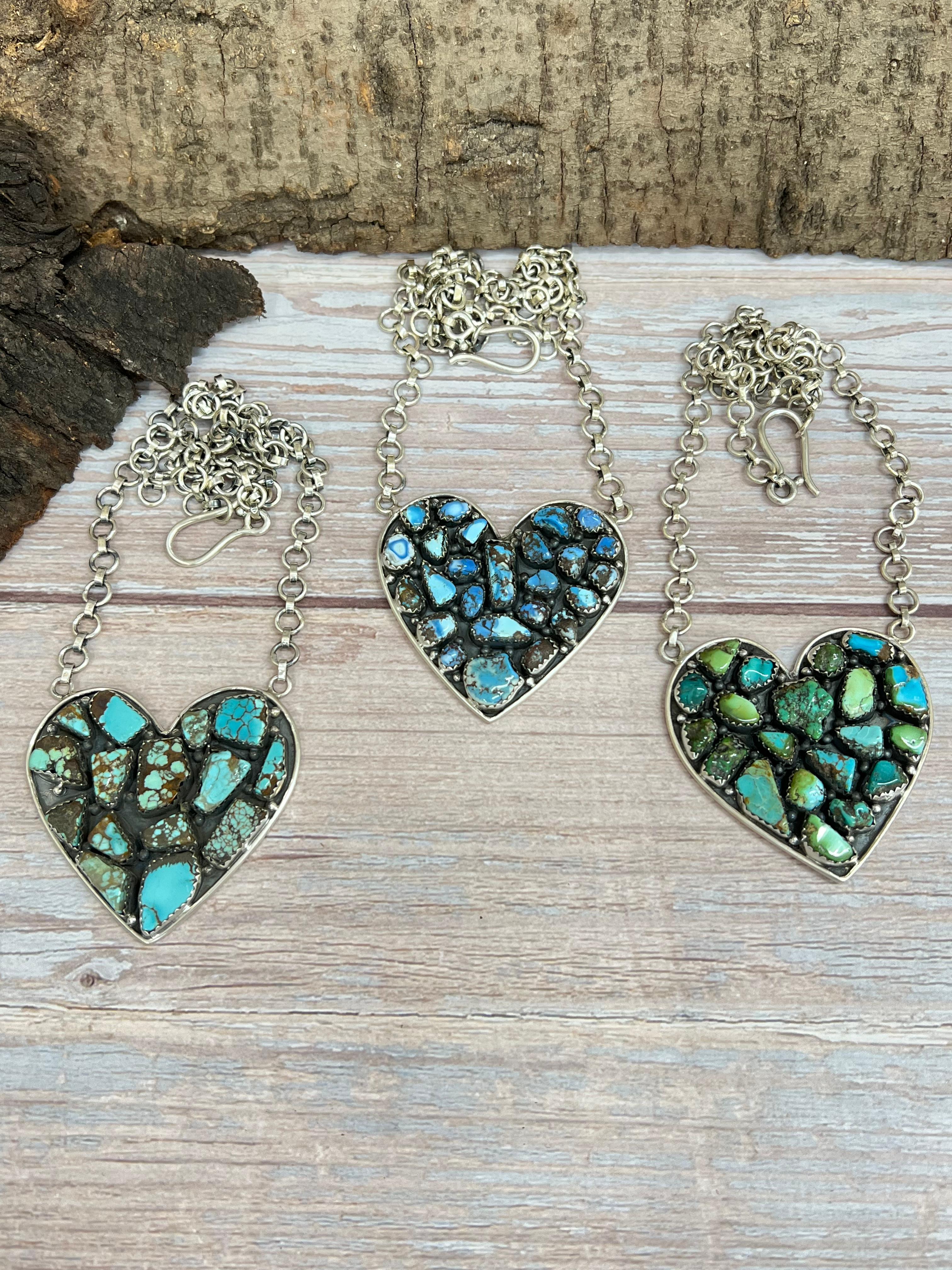 Handmade Sterling Silver Multi Stone Heart Necklace with Signed Nizhoni