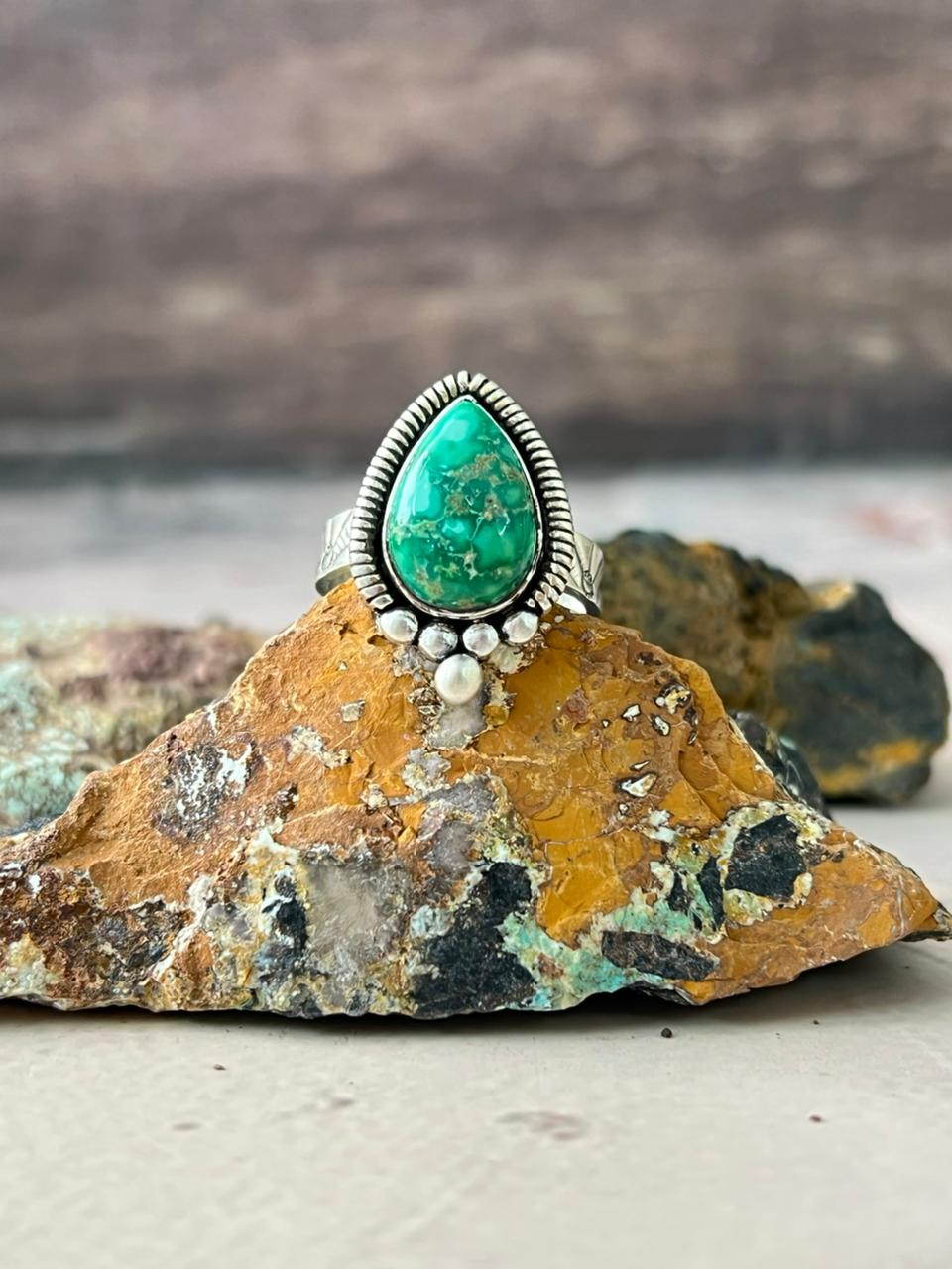 Handmade Sterling Silver Emerald Valley Turquoise Adjustable Ring "Signed Nizhoni"