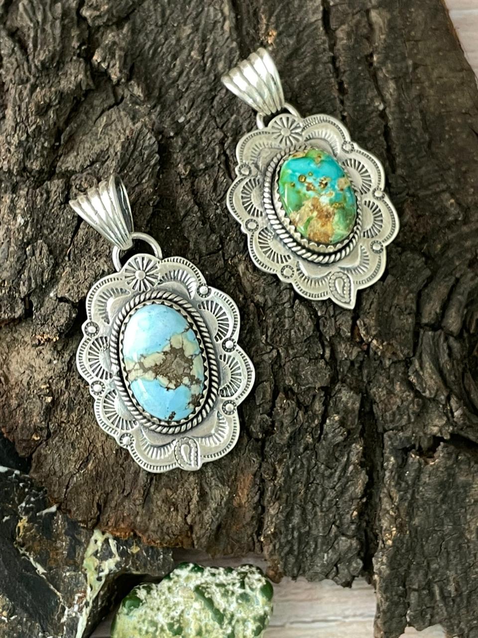 Handmade Sterling Silver Sonoran Mountain Turquoise, Golden Hills Turquoise Pendant " Signed Nizhoni"