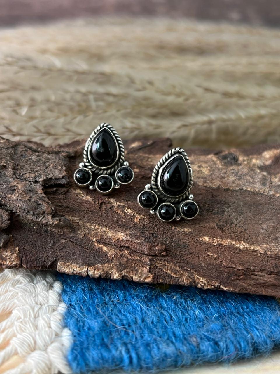 Handmade Sterling Silver Black Onyx Post Studs Earrings "Signed Nizhoni"
