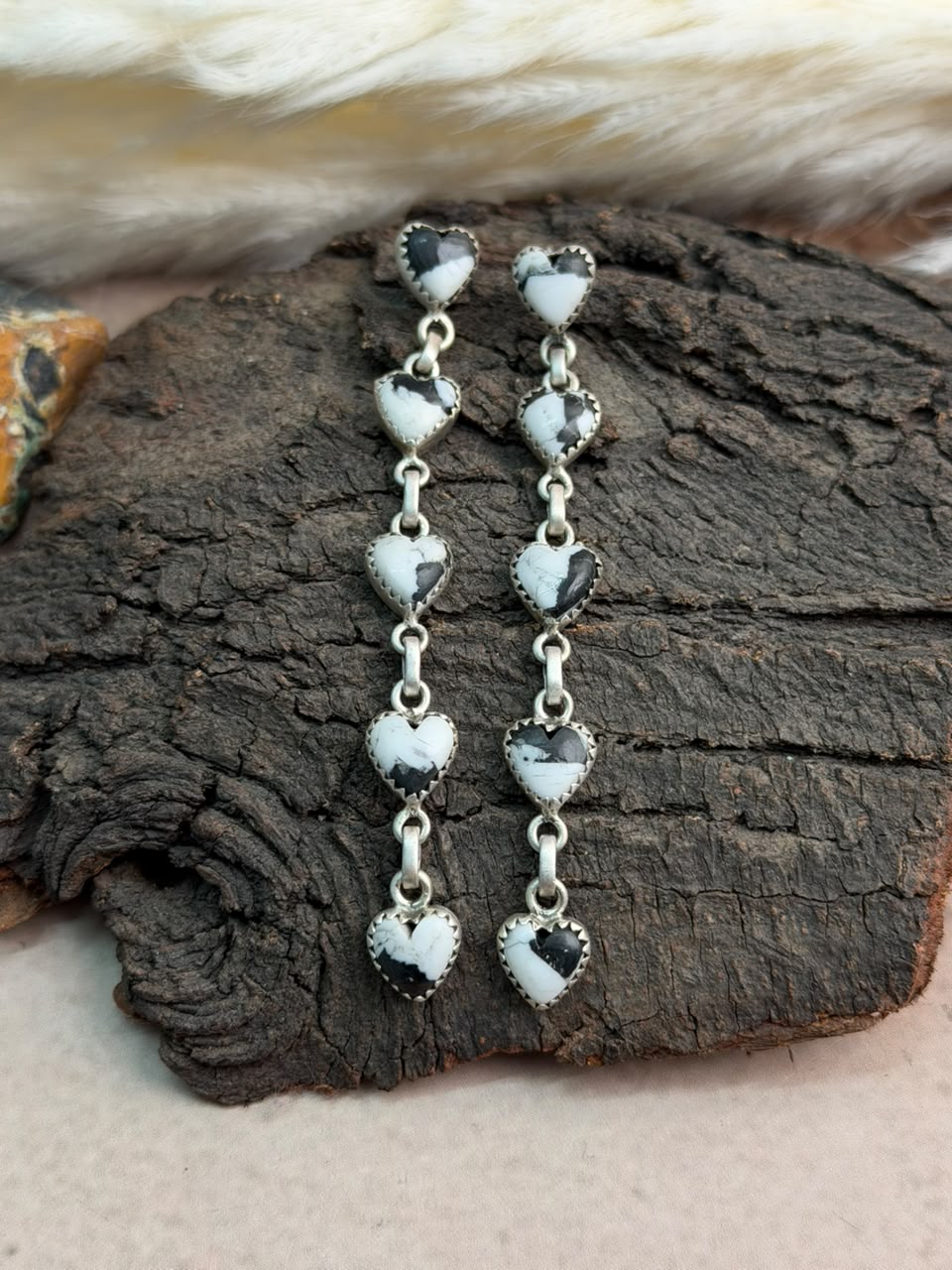 Handmade Sterling Silver White Buffalo Post Dangle Earrings Signed Nizhoni