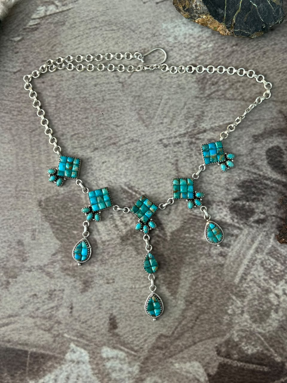 Handmade Sterling Silver Kingman Turquoise Cobble Stone Necklace Signed Nizhoni
