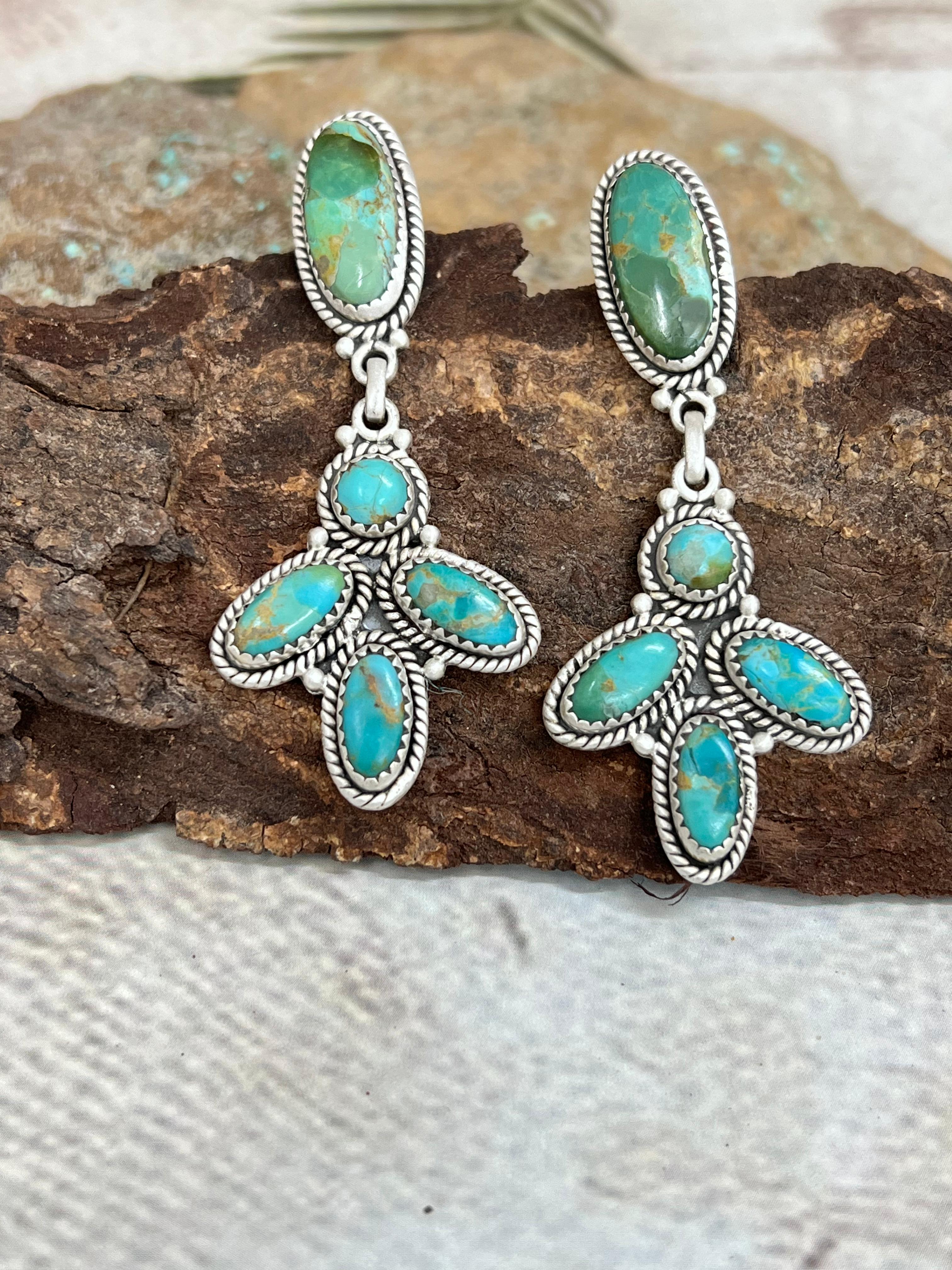 Handmade Sterling Silver Kingman Turquoise Post Dangle Earrings with Signed Nizhoni