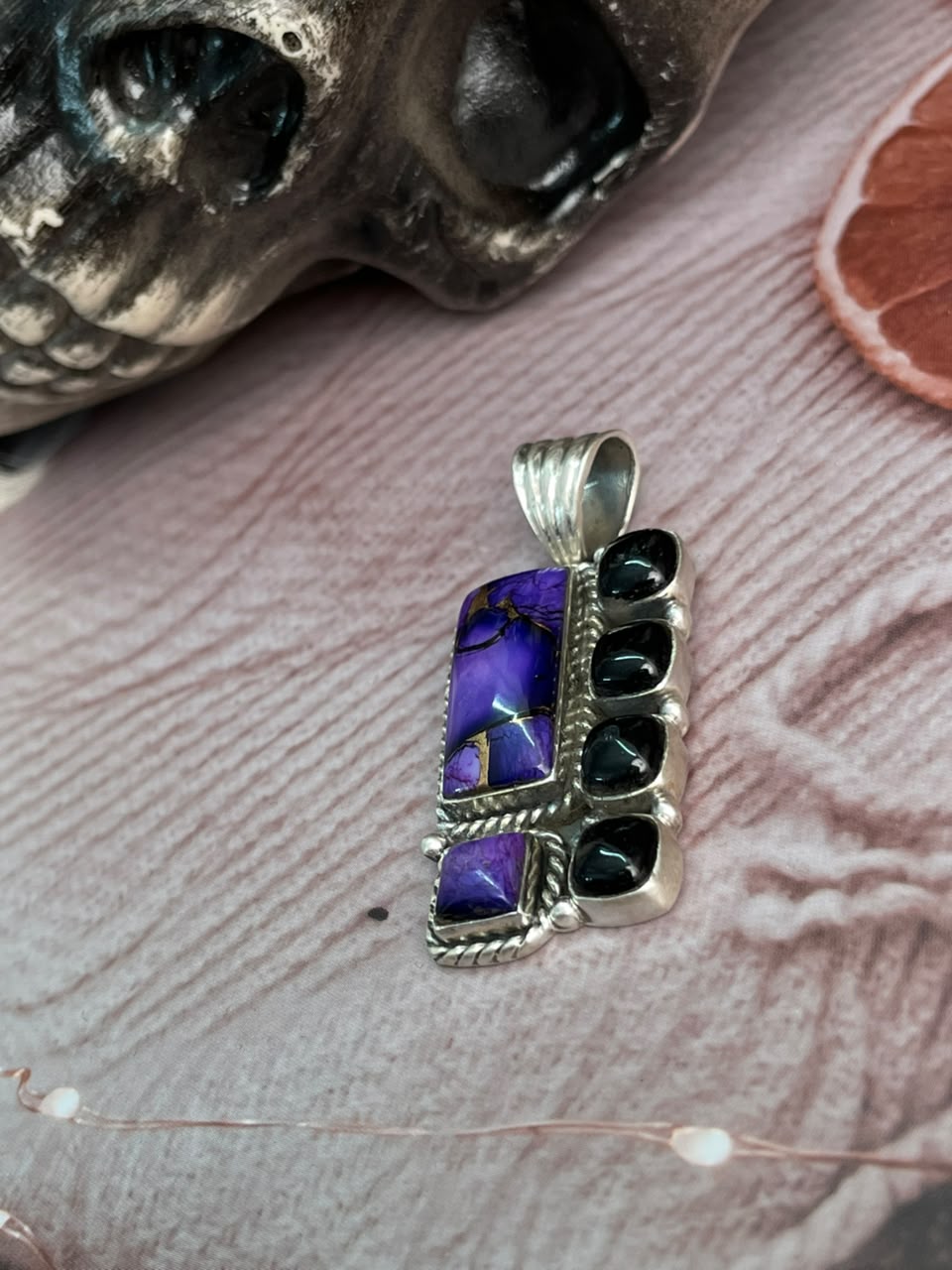 Handmade Sterling Silver Grape Dahlia with Black Onyx Halloween Collection: Pendant Signed Nizhoni