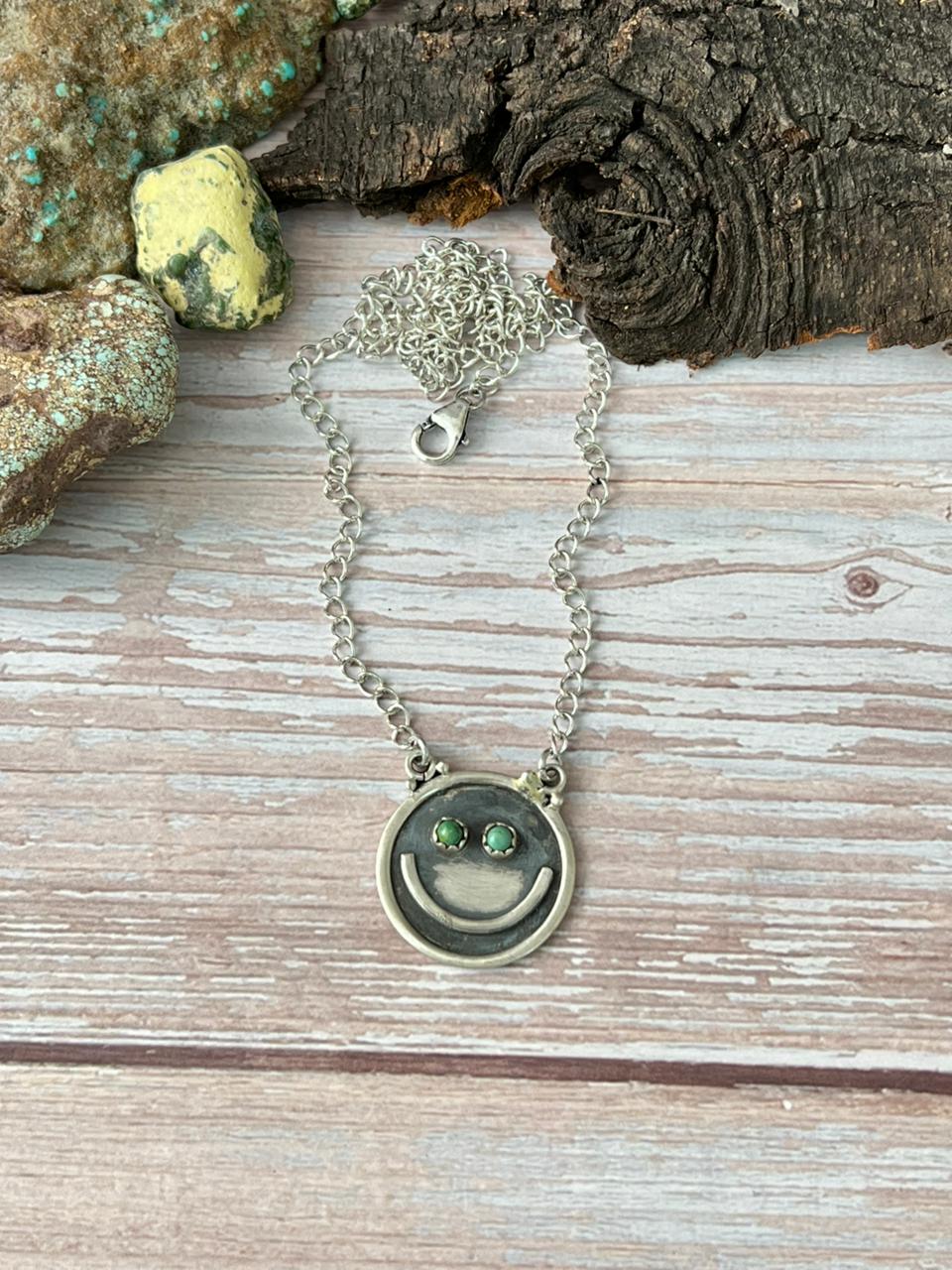 Handmade Sterling Silver Kingman Turquoise Smiley Necklace with Signed Nizhoni (1)