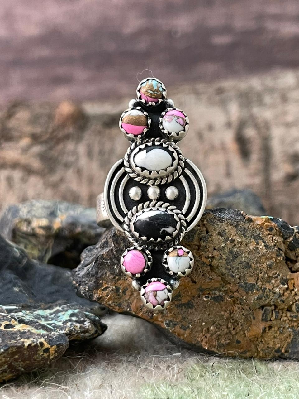 Handmade Sterling Silver White Buffalo with Cotton Candy Adjustable Ring "Signed Nizhoni"