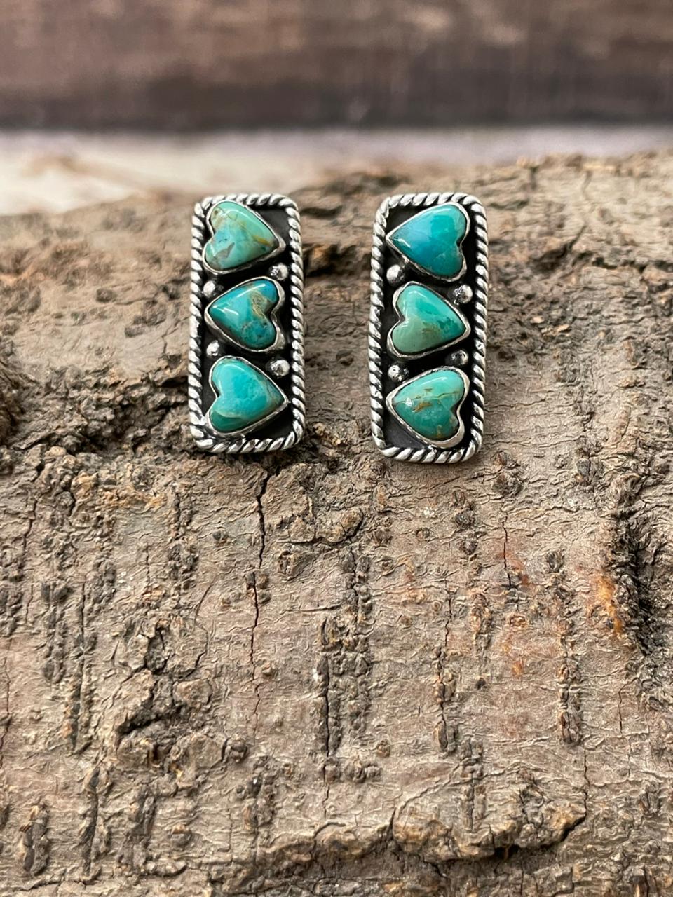 "Heart Collection" Handmade Sterling Silver Kingman Turquoise Post Studs Earrings "Signed Nizhoni"