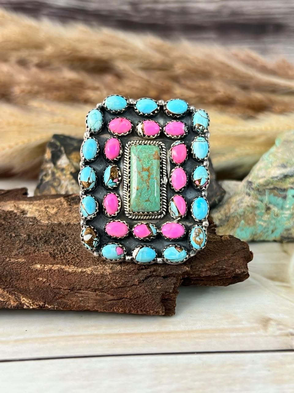 Handmade Sterling Silver Cotton Candy with Cripple Creek Turquoise Adjustable Ring Signed Nizhoni