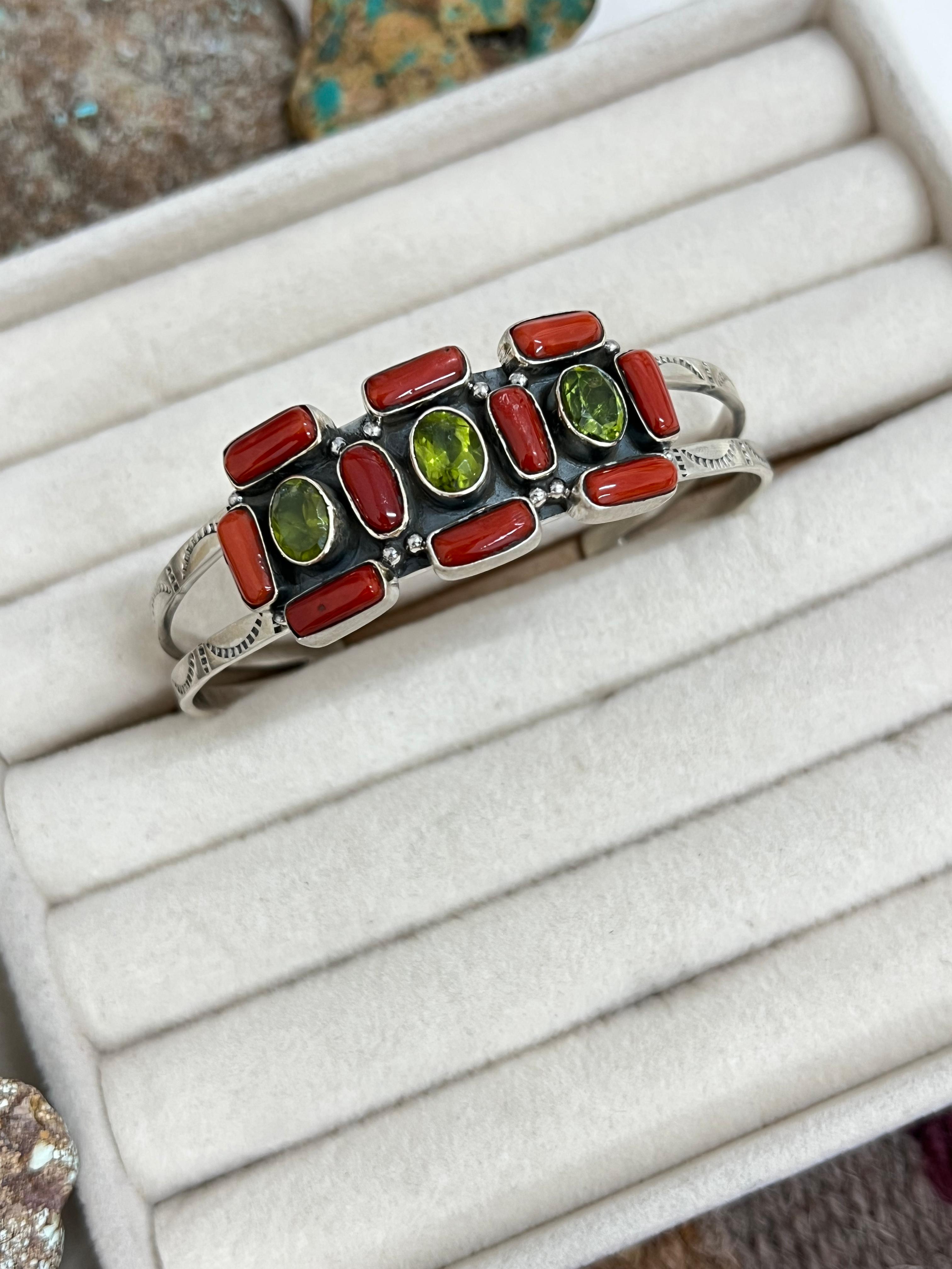 Christmas Collection Handmade Sterling Silver Coral with Peridot Bracelet with Signed Nizhoni