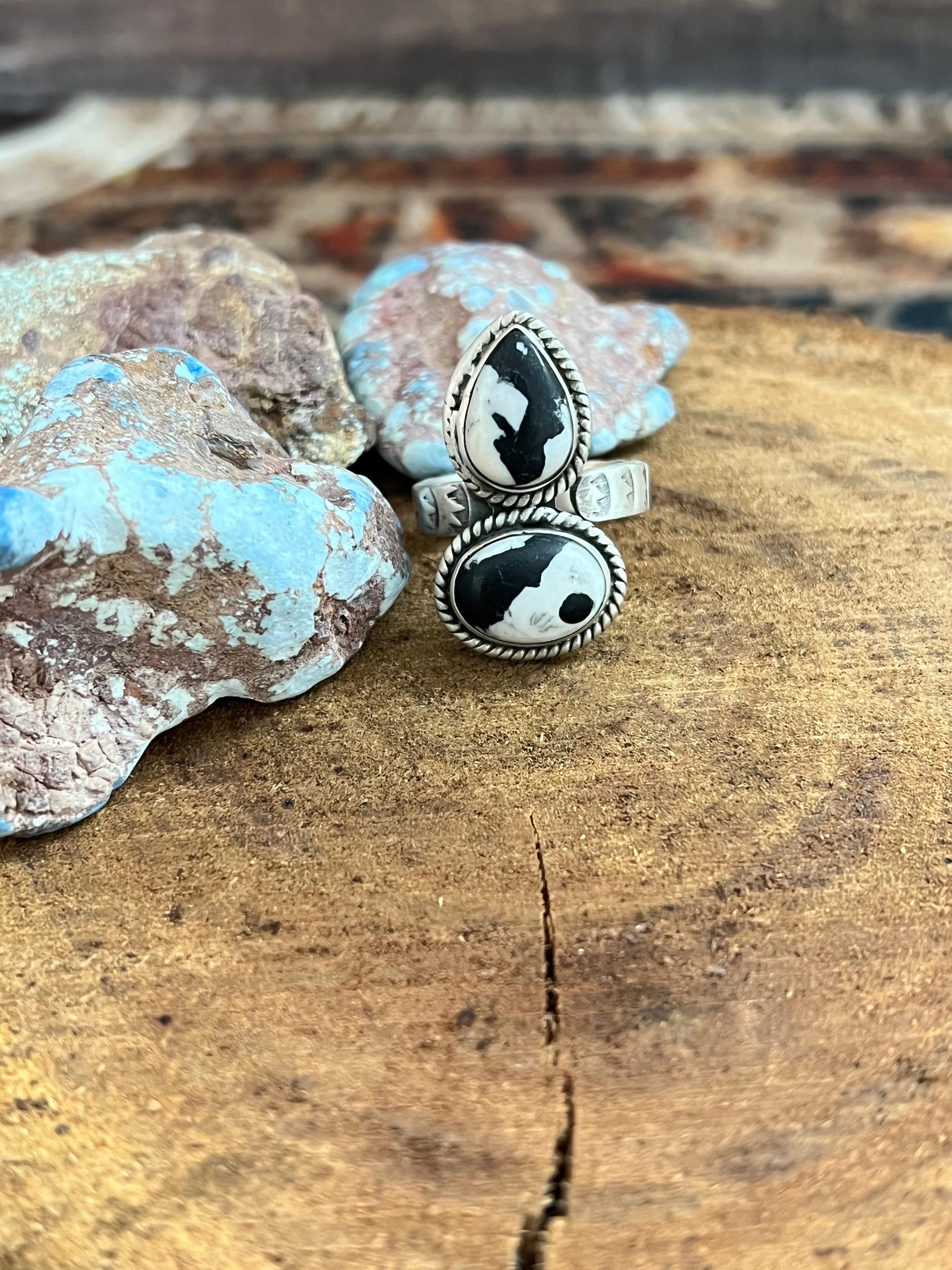 Handmade Sterling Silver White Buffalo Adjustable Ring, Signed Nizhoni