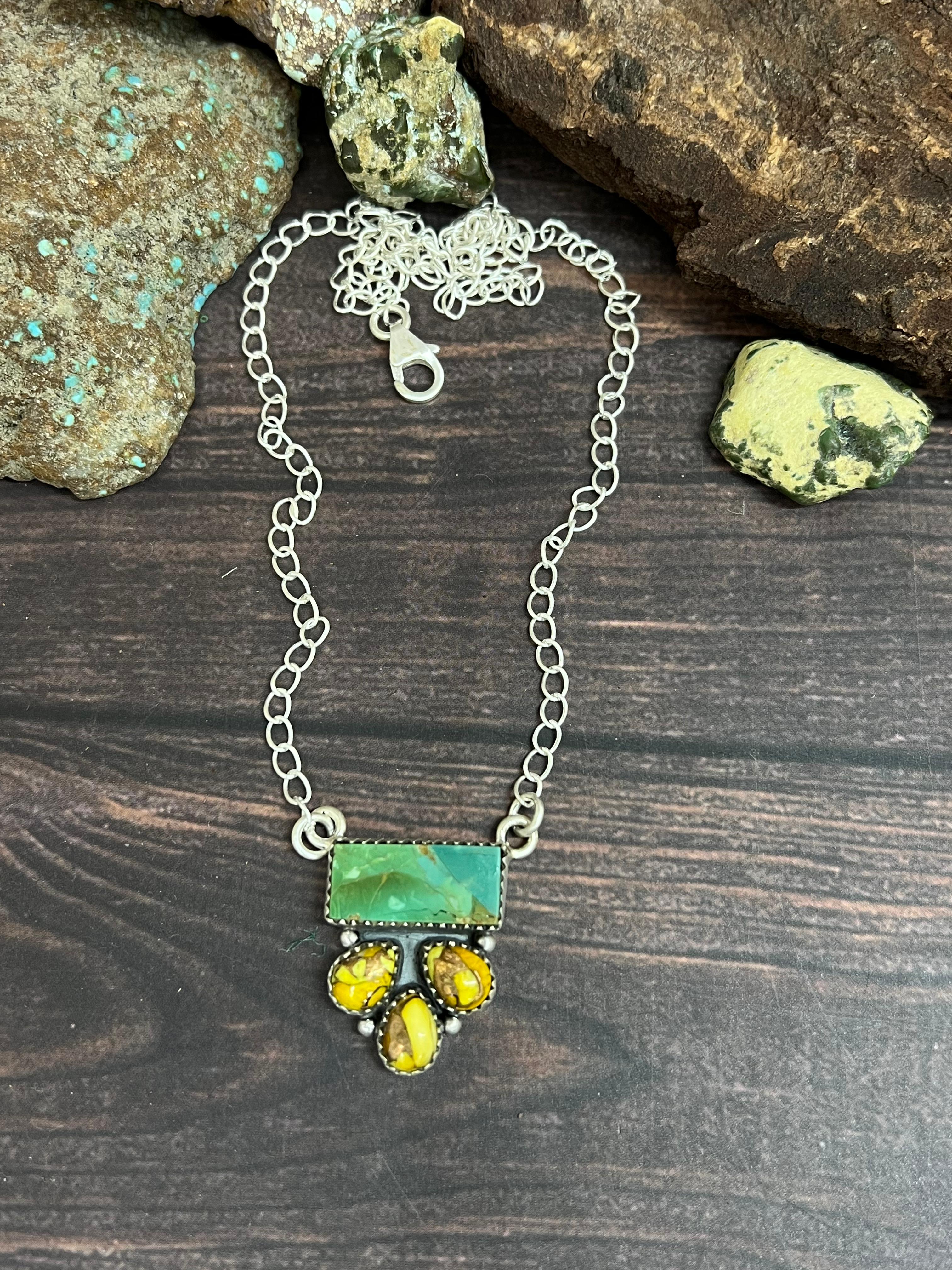 Handmade Sterling Silver Kingman with Honey Dahlia Necklace with Signed Nizhoni