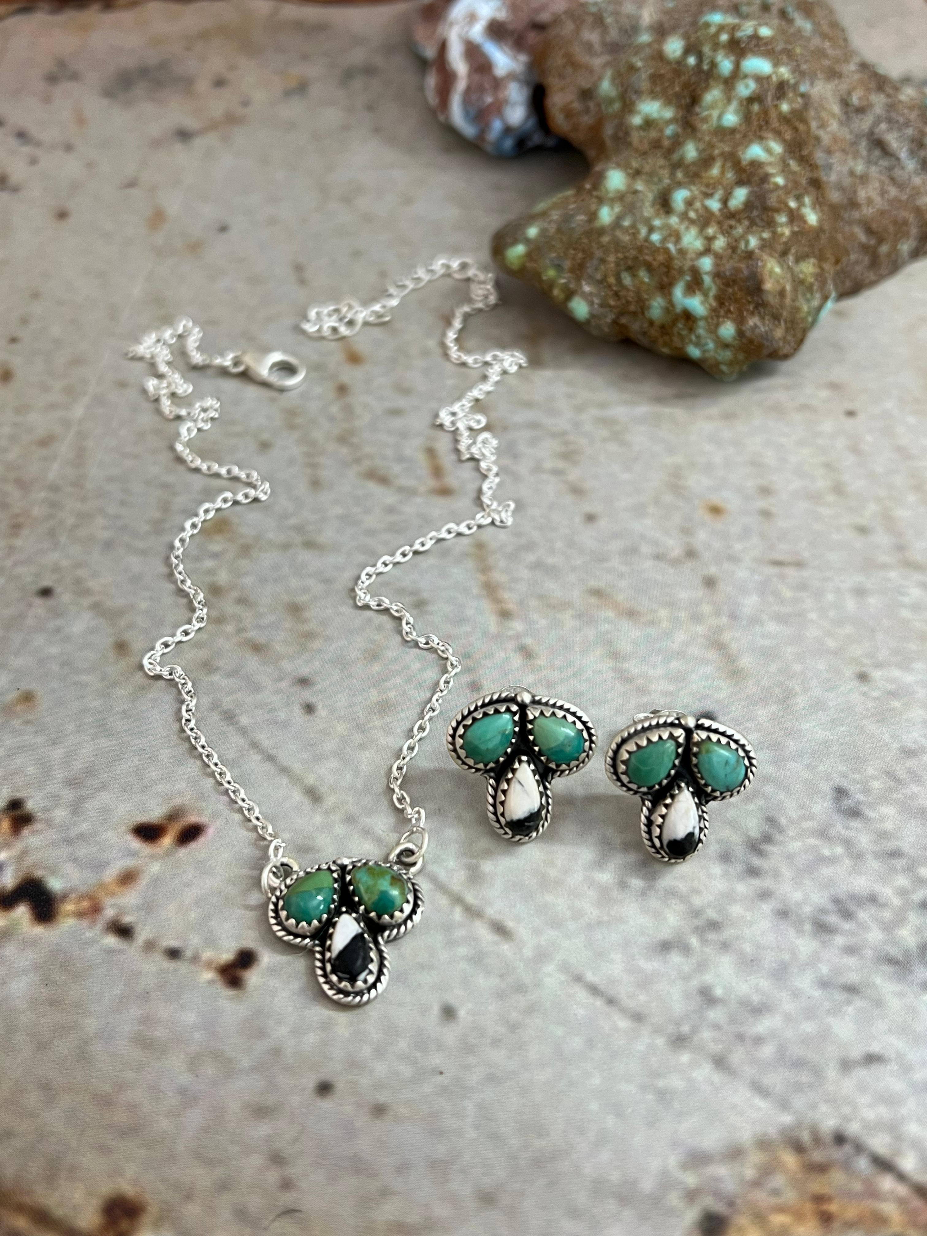 Handmade Sterling Silver White Buffalo with Kingman Turquoise Necklace Earrings Set, Signed Nizhoni