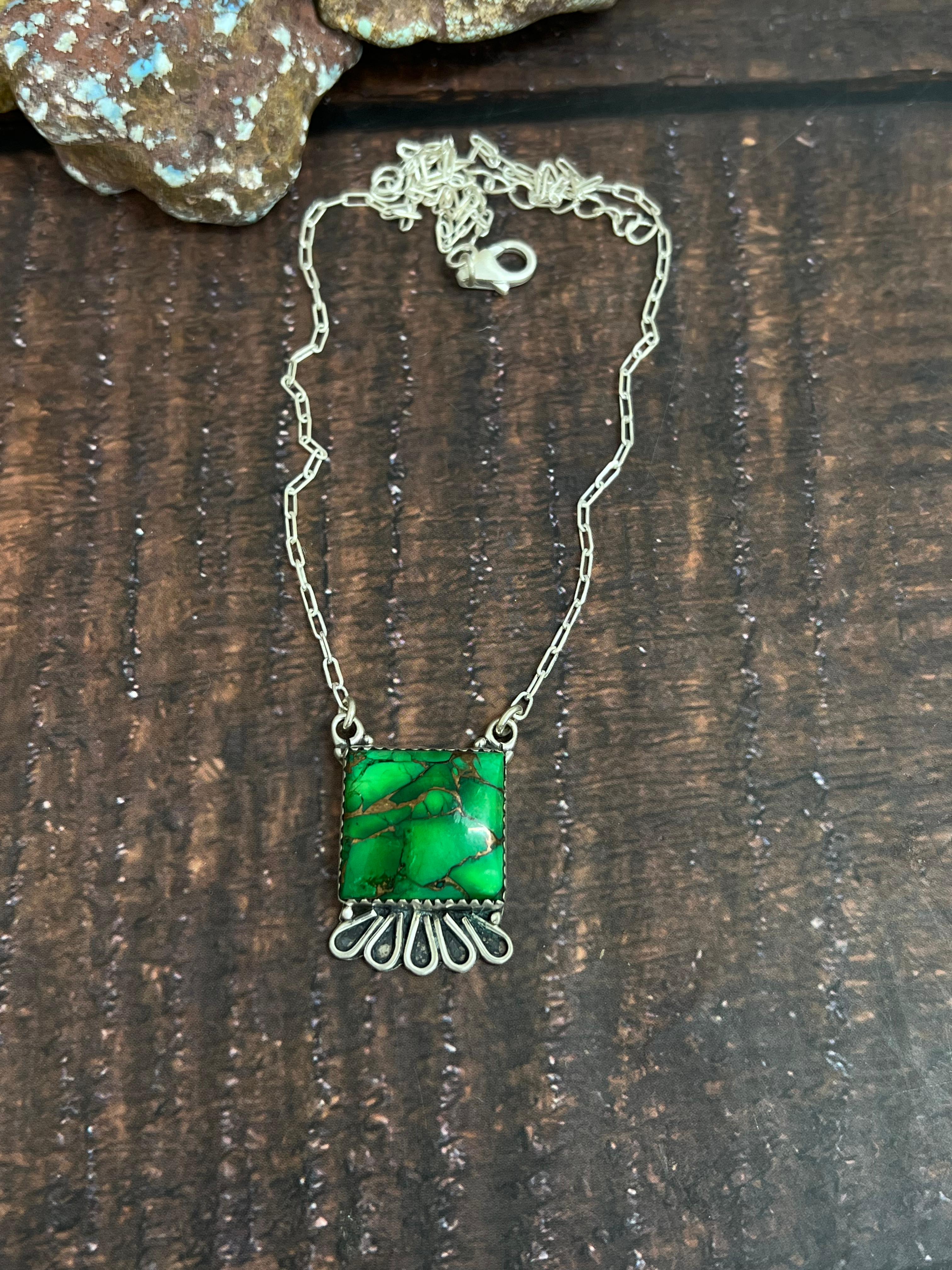 Handmade Sterling Silver Kelly Green Dahlia Necklace with Signed Nizhoni