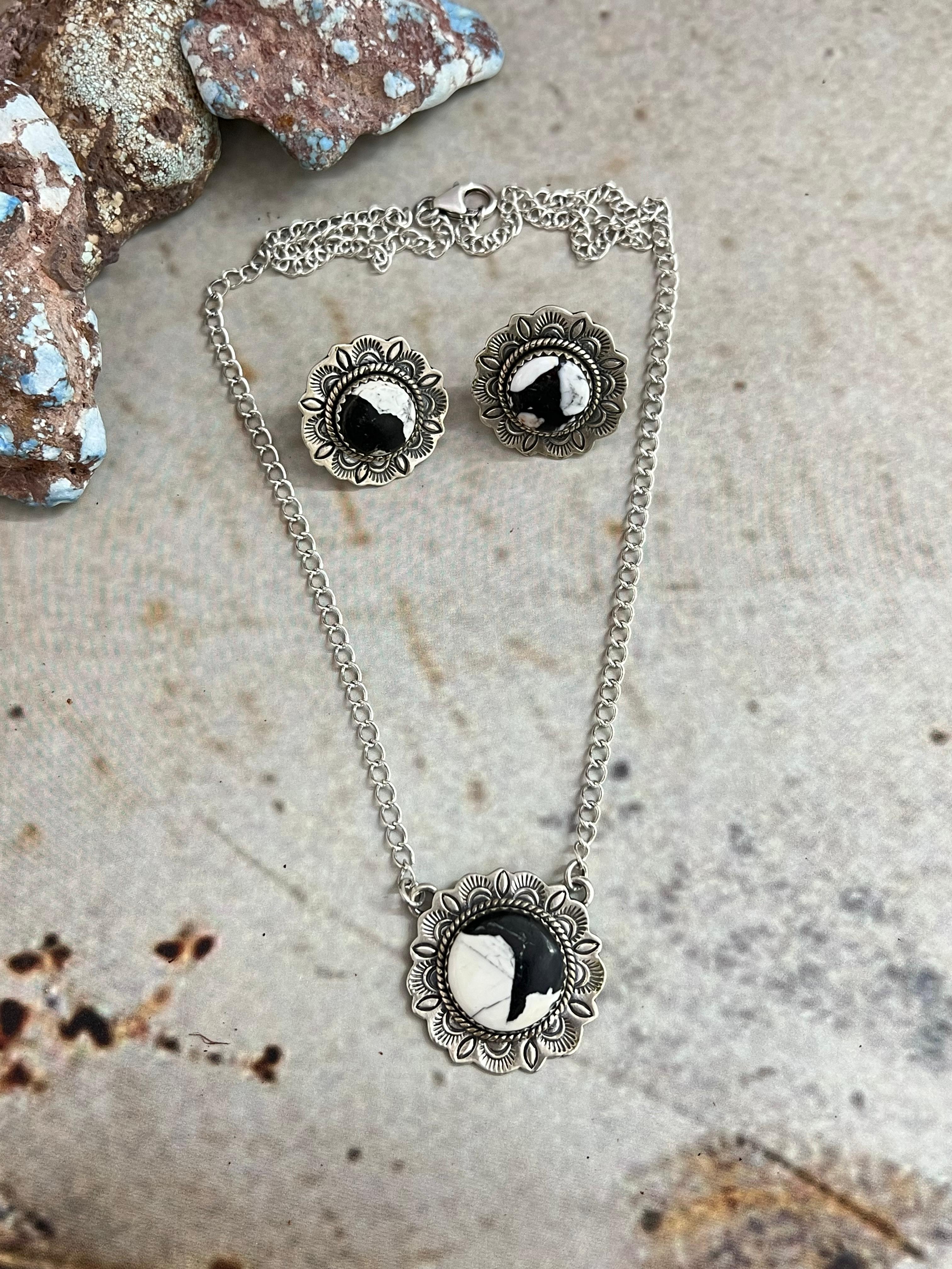 Handmade Sterling Silver White Buffalo Necklace Earrings Set with Signed Nizhoni