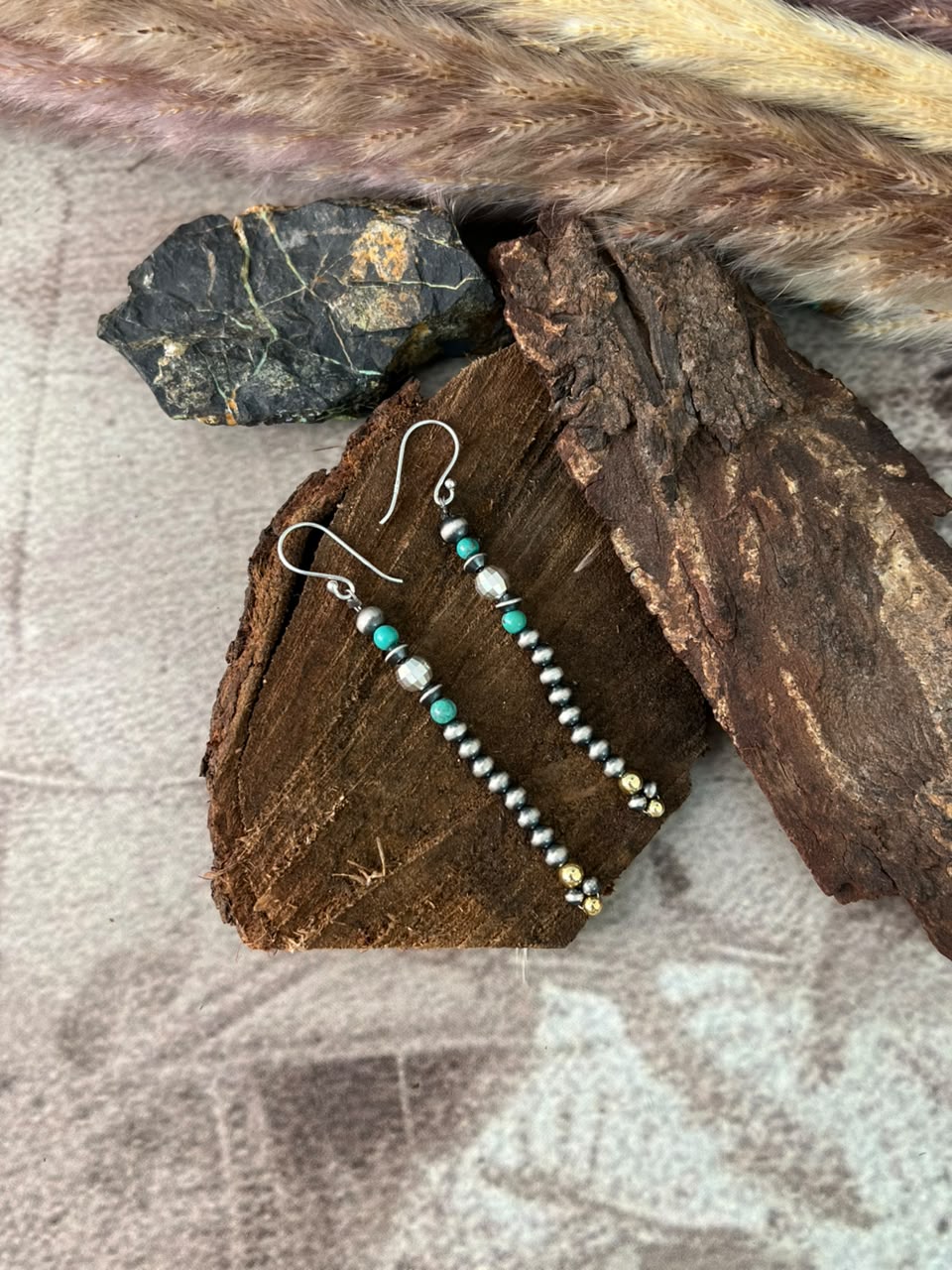 Handmade Sterling Silver Kingman Turquoise Shiny Golden Hook Dangle Beaded Earrings