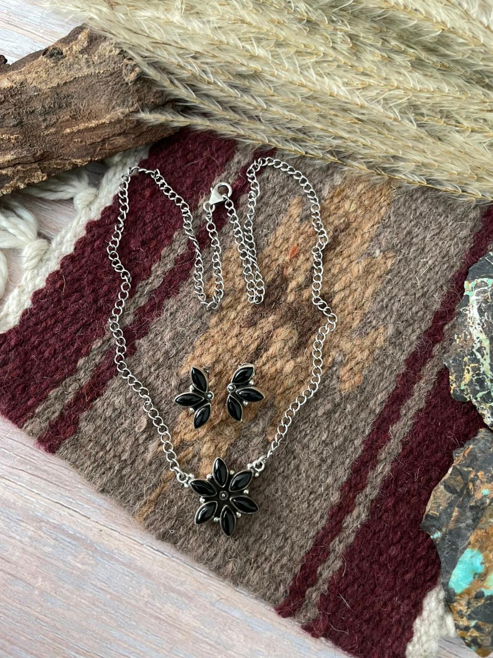 Handmade Sterling Silver Black Onyx Necklace Earrings Set "Signed Nizhoni"