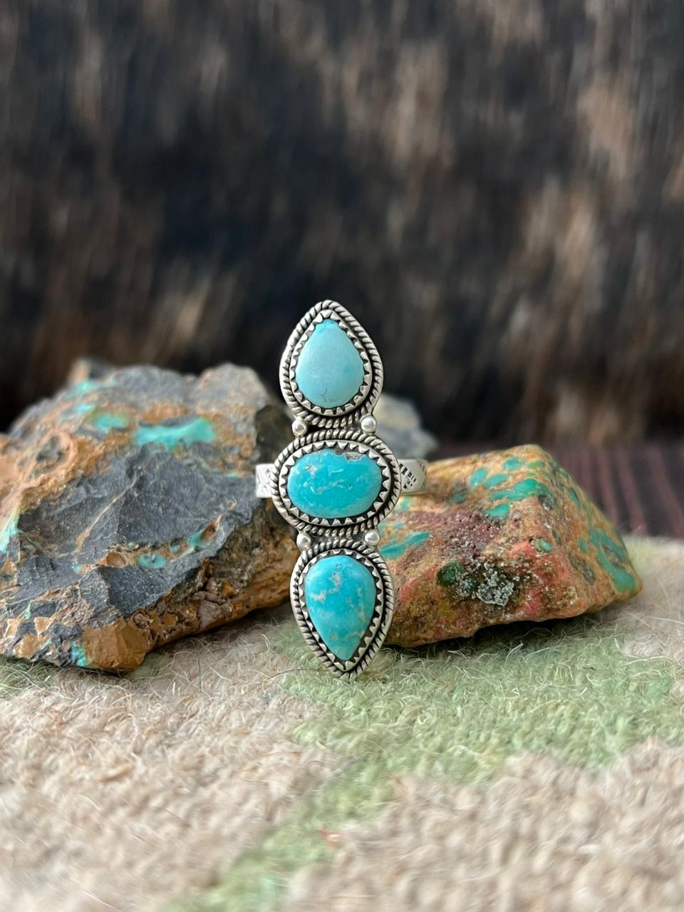 Handmade Sterling Silver White Water Turquoise Adjustable Ring "Signed Nizhoni"