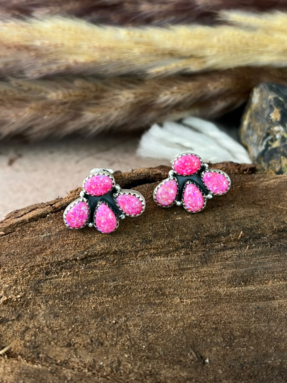 Handmade Sterling Silver Hot Pink Post Studs Earrings Signed Nizhoni