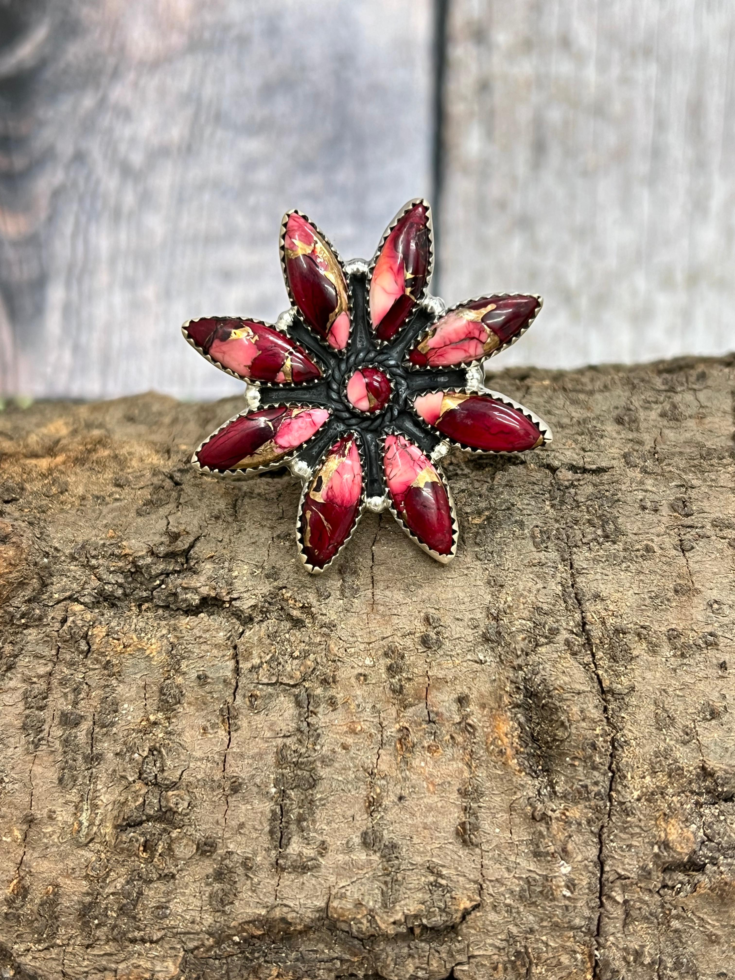 Handmade Sterling Silver Dahlia Rose Flower Adjustable Ring with Signed Nizhoni