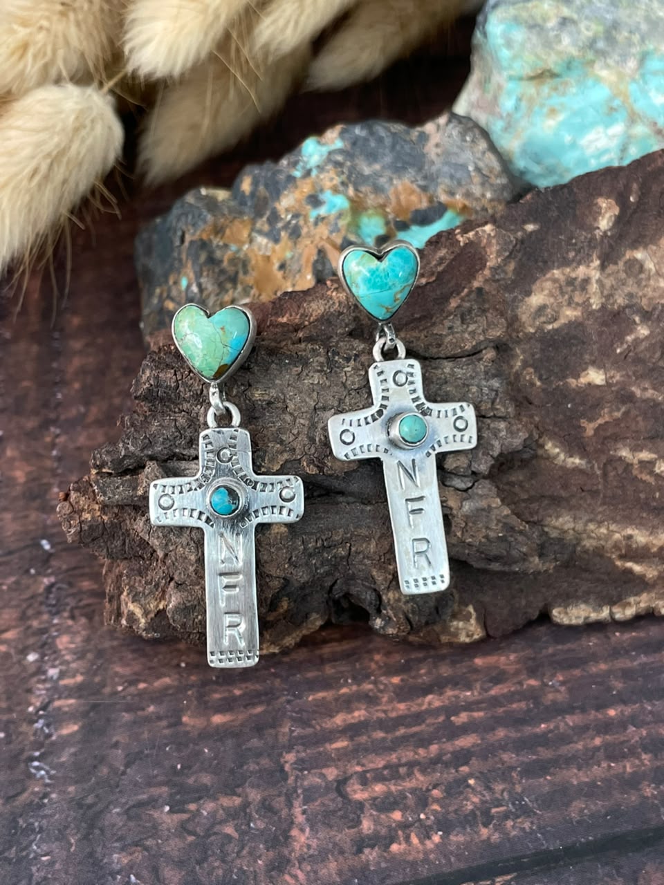 Handmade Sterling Silver Kingman Turquoise NFR Collection: Cross Post Dangle Earrings Signed Nizhoni