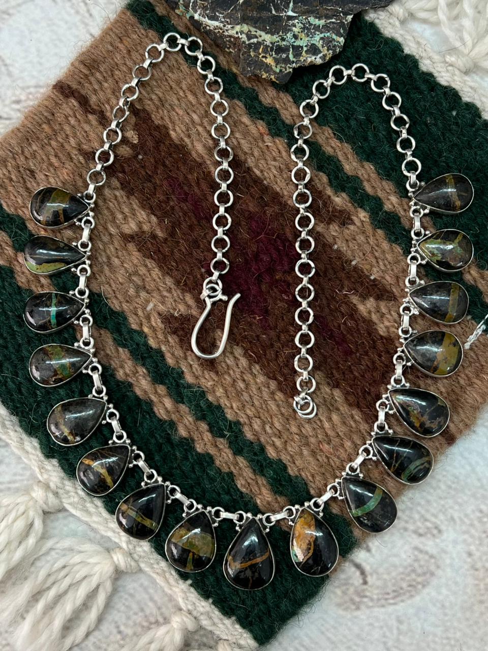 Handmade Sterling Silver Blackjack Turquoise Necklace "Signed Nizhoni"